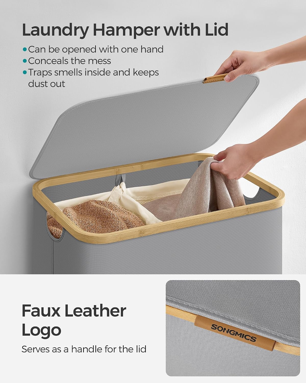 Detalle 2 de SONGMICS LCB513G01V1 130L Laundry Basket with Lid, Two Compartments