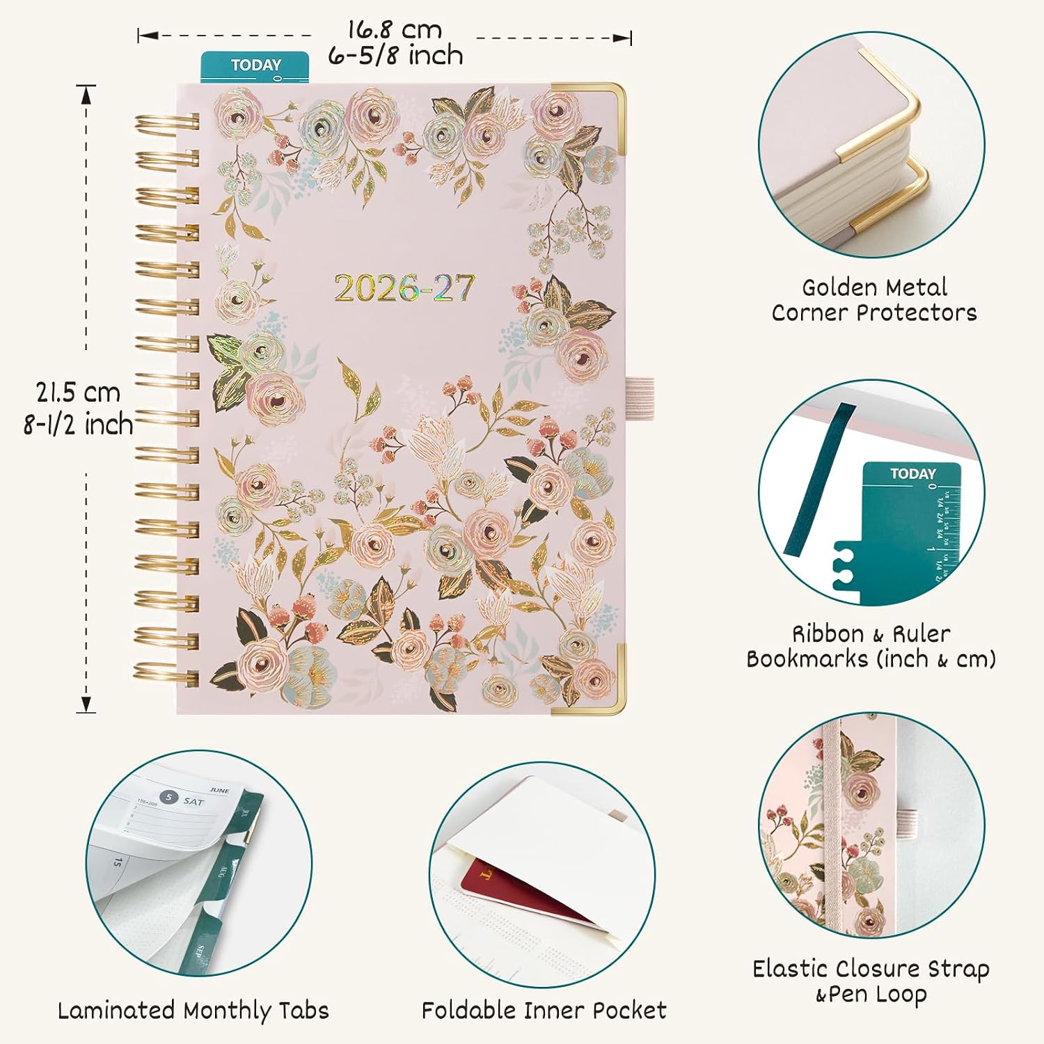 Detalle 2 de BEZEND A5 Academic Diary 2026-2027: Week to View, Floral Pink Hardcover