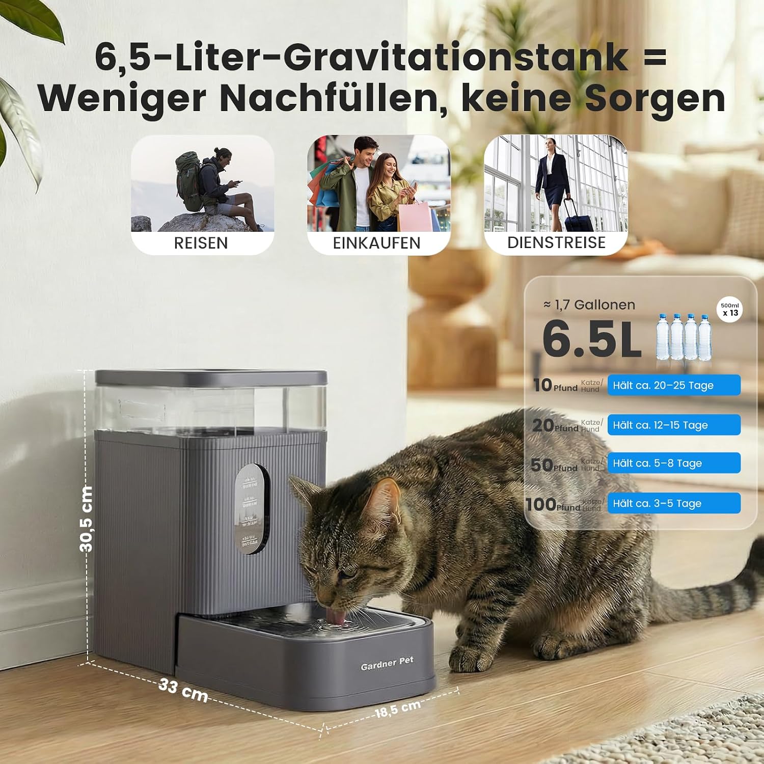 Detalle 2 de Gardner Pet 6,5-L automatischer Wasserspender mit Edelstahlschüssel (Schwerkraft, ohne Strom)