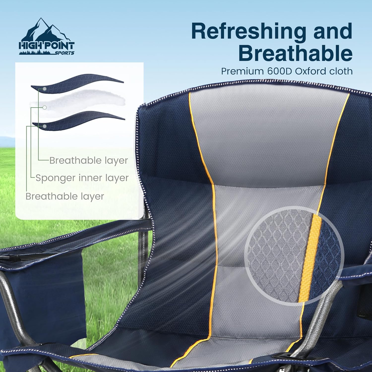Detalle de HIGH POINT SPORTS Übergroßer Campingstuhl – XXL Klappstuhl mit Kühltasche, Armlehnen und Getränkehalter