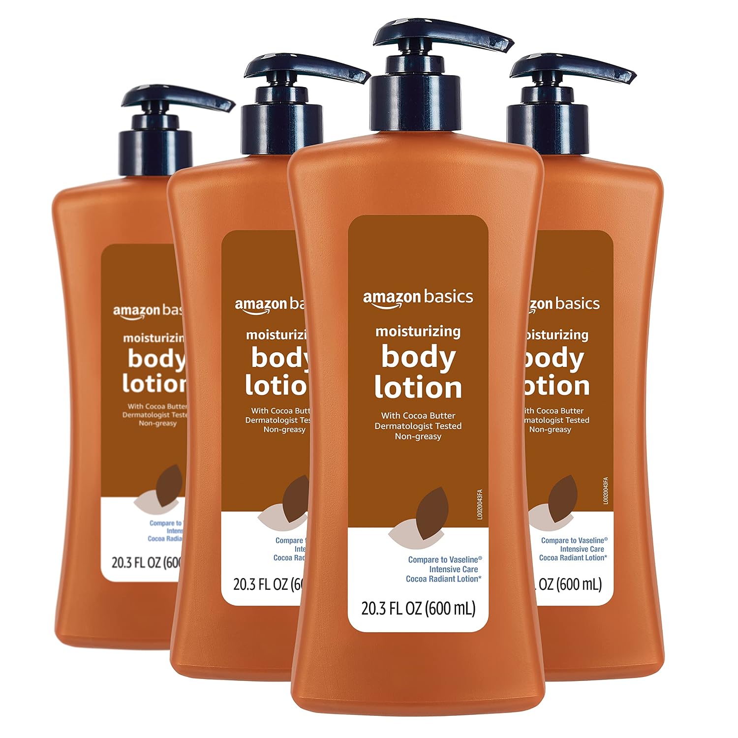 Detalle de Amazon Basics Moisturizing Cocoa Butter Body Lotion for Dry Skin — 4-Pack, 20.3 Fl Oz Each
