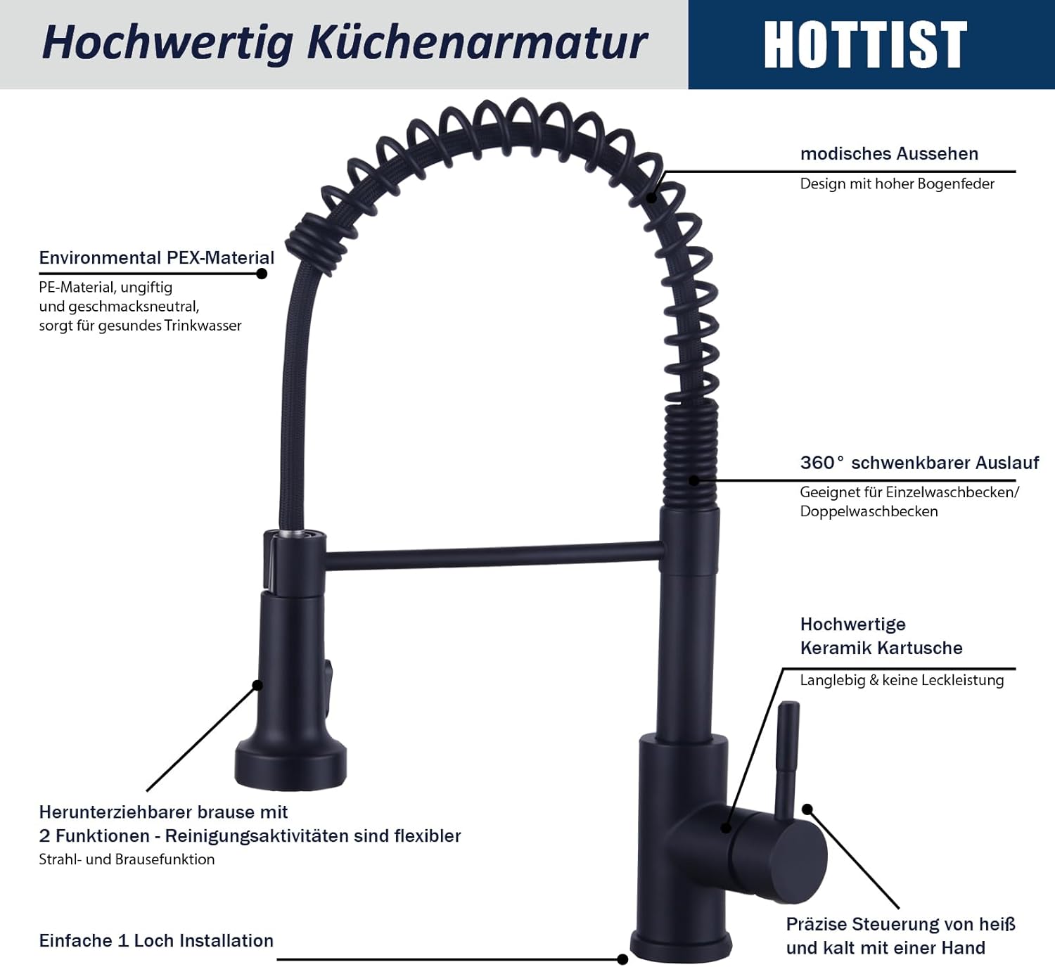 Detalle 1 de Spültischarmatur Mattschwarz Hochdruck 360° ⛲