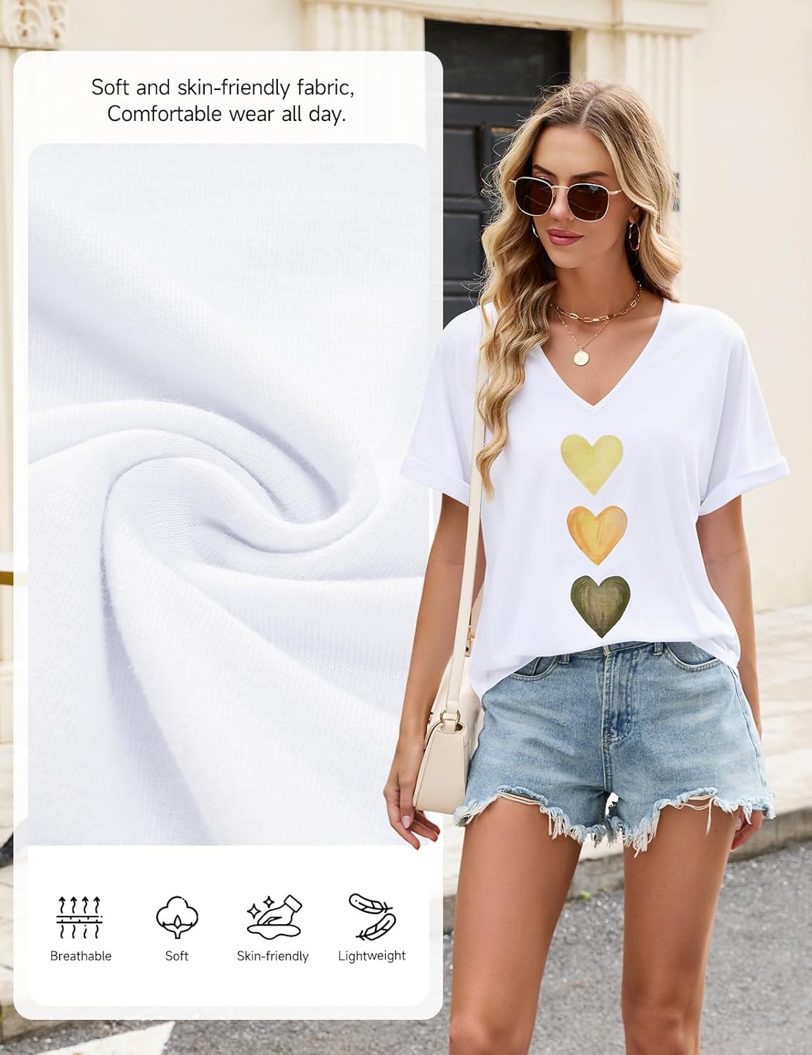 Thumbnail 3 de PASUDA Tee Shirt Femme Coton Col V Manche Courte – Décontracté et Chic
