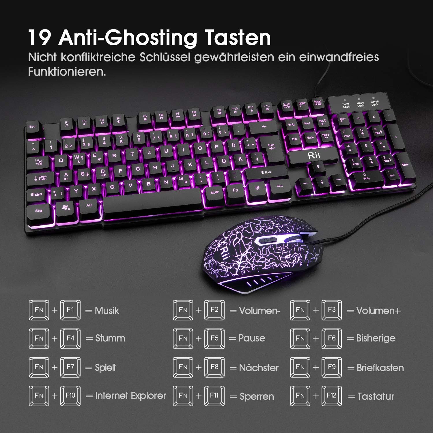 Detalle de Rii Gaming Tastatur und Maus Set 3-LED Beleuchtung