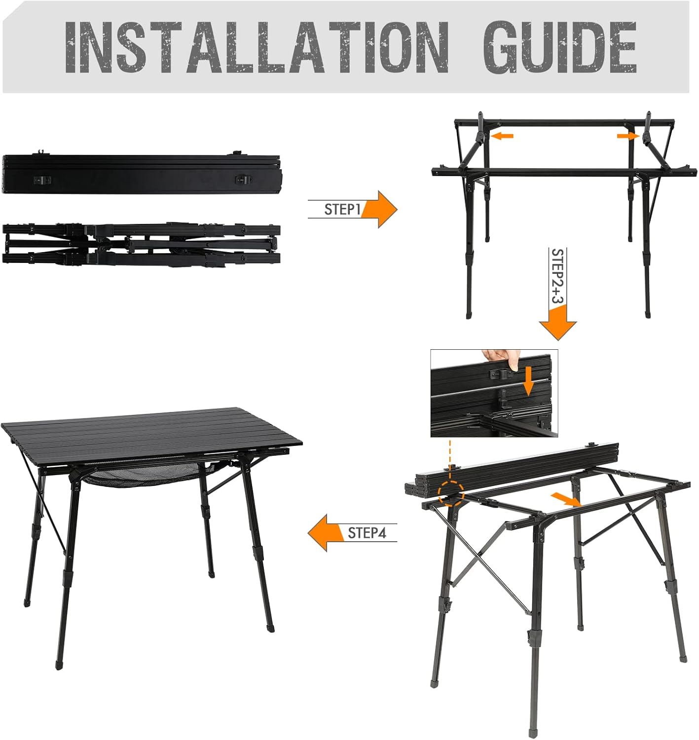 Detalle de Portal faltbarer Campingtisch mit höhenverstellbaren 4 Beinen (Aluminium) 90 x 53 cm für bis zu 4 Personen