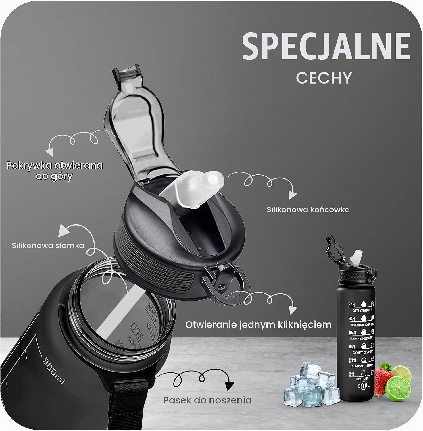Detalle de K-MART Style-2 sportowa butelka ze słomką i znacznikami czasu