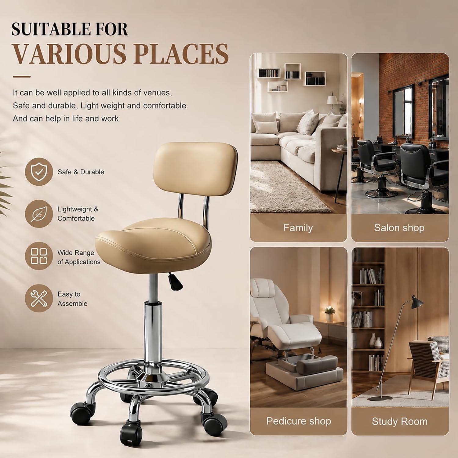 Thumbnail 4 de Walktory MAYCAV3-Backrest-Khaki Saddle Stool with Back, Adjustable Height