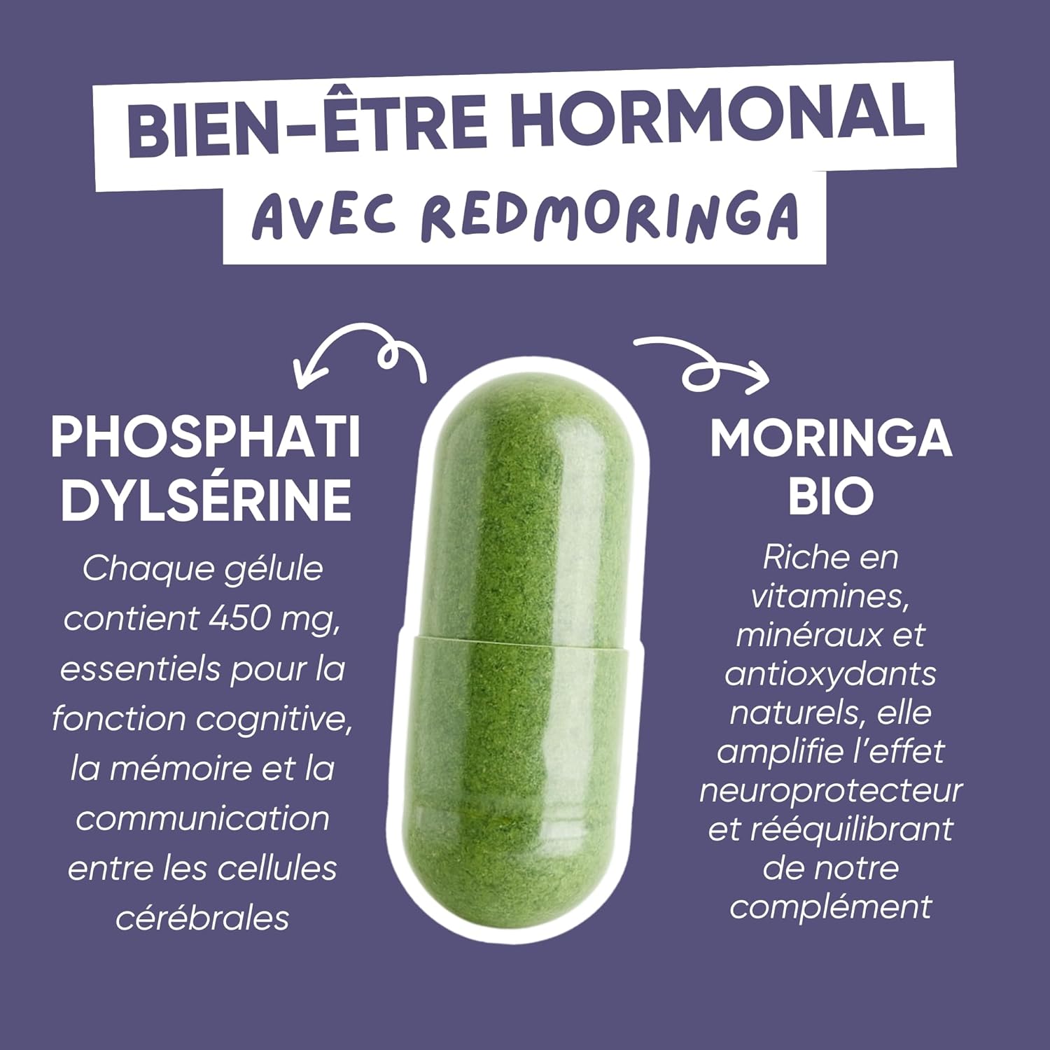 Detalle 2 de Phosphatidylsérine 450 mg + Moringa | Réduit le cortisol, stress et fatigue – 60 gélules, Made in Italy