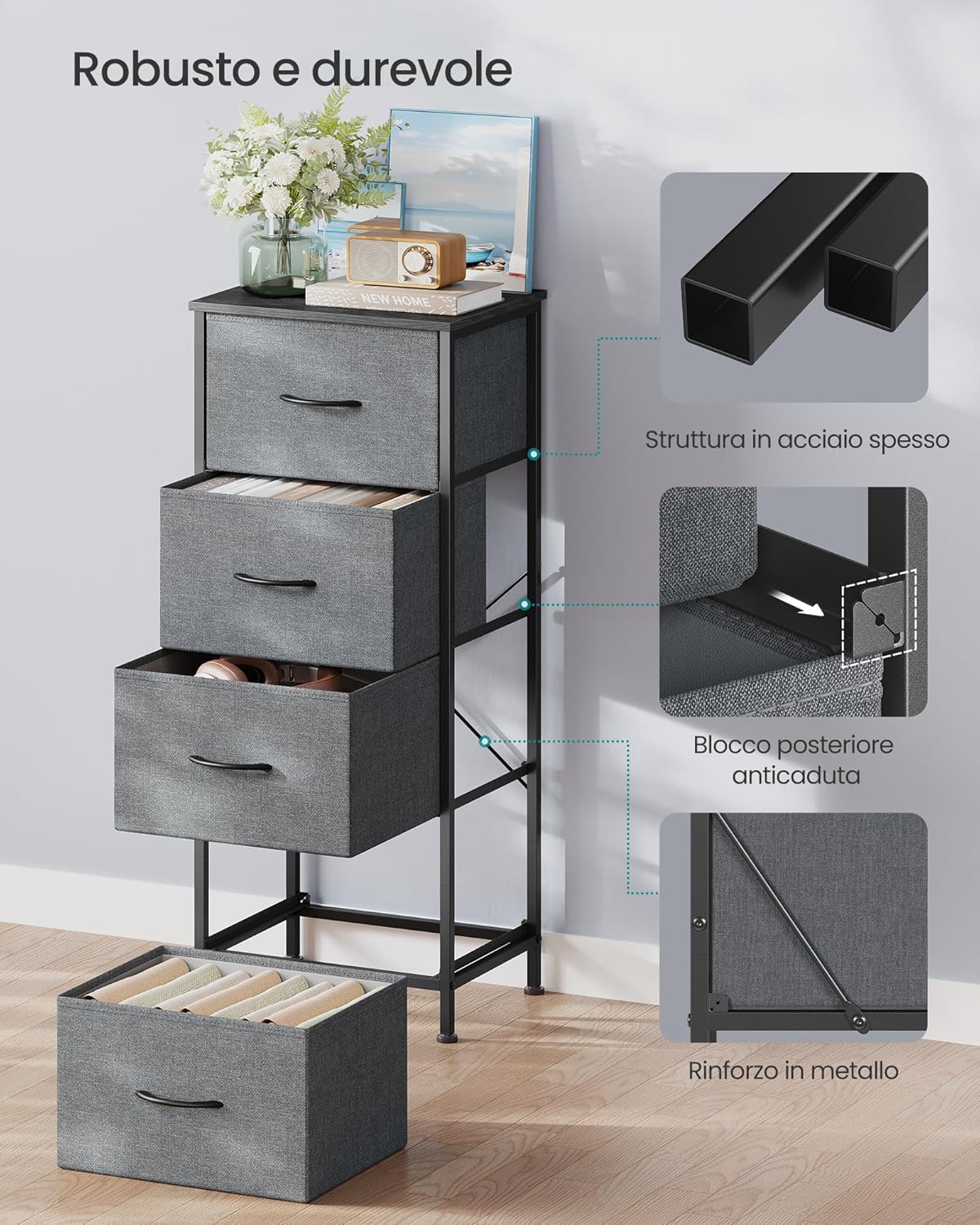 Thumbnail 5 de SONGMICS BELLAH Collezione - Cassettiera a 4 cassetti in acciaio e truciolato, stile industriale grigio ardesia LGS314G101