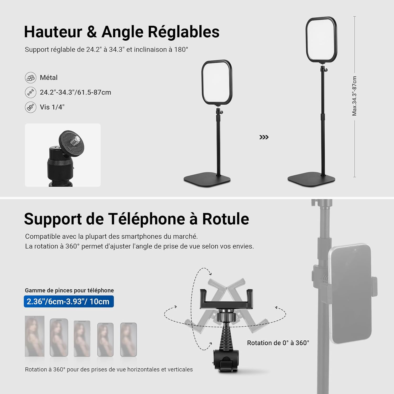 Detalle de NEEWER Basics Pack de 2 lampes de visioconférence 10,8" (15W) avec support téléphone