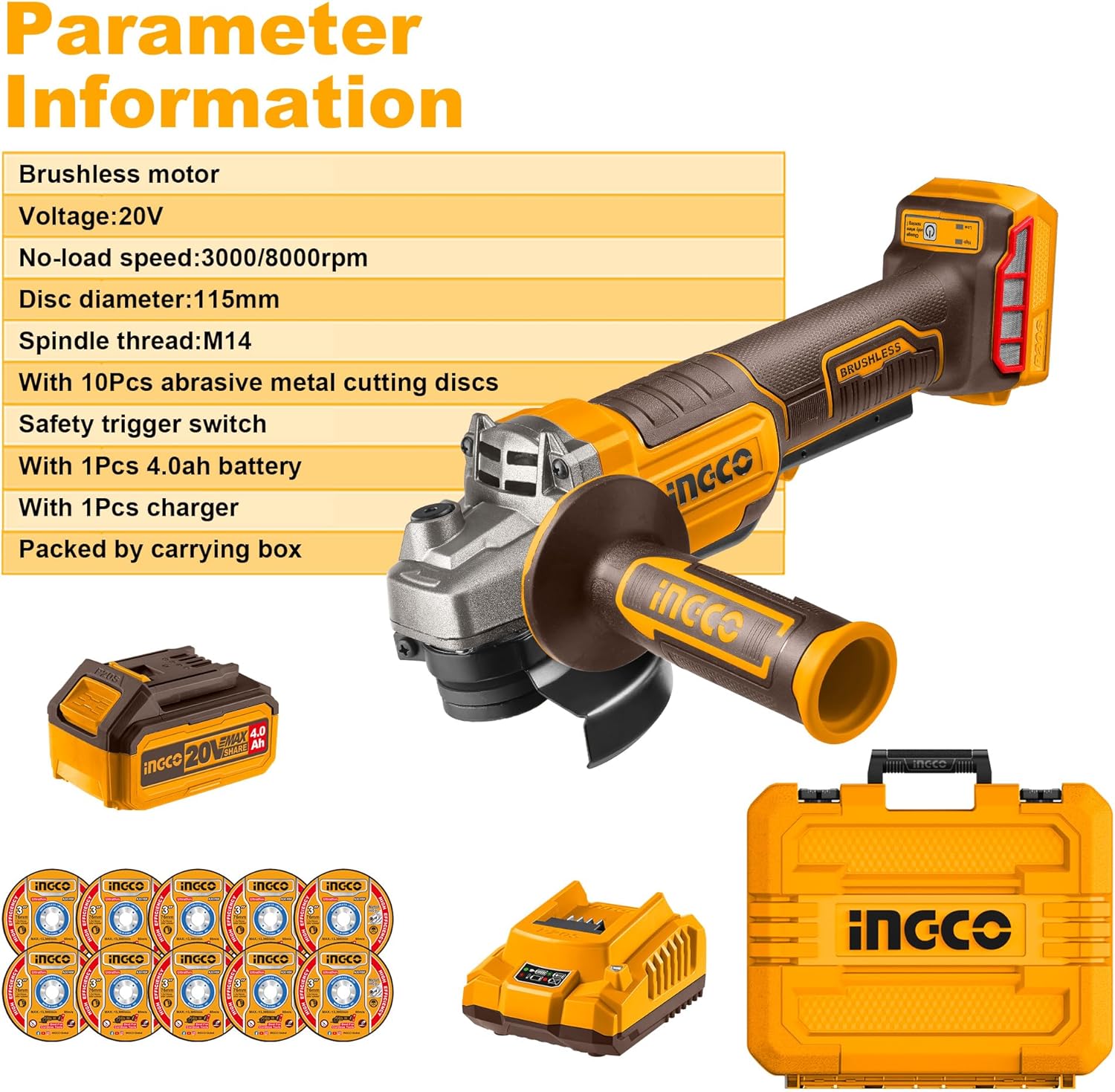 Thumbnail 5 de INGCO 20V Cordless Angle Grinder 115mm (Brushless) with Safety Trigger Switch, 4.0Ah Battery & Charger, CAGLI2111561