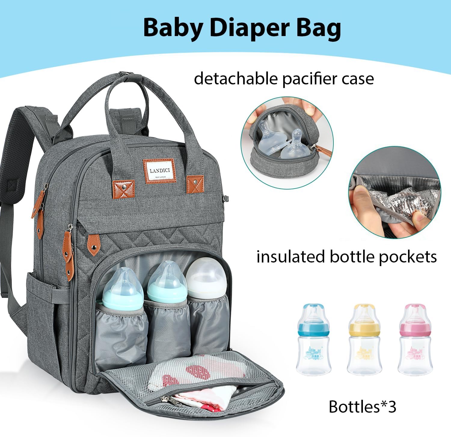 Detalle de LANDICI Baby Changing Bag Backpack (Large) in Grey — with Changing Mat, Stroller Straps & Pacifier Case