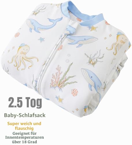 Detalle de Chilsuessy Baby Schlafsack Winter mit abnehmbaren Langarm – Bio Baumwolle, 2.5 Tog, Blau Unterwasserwelt, 90–110 cm