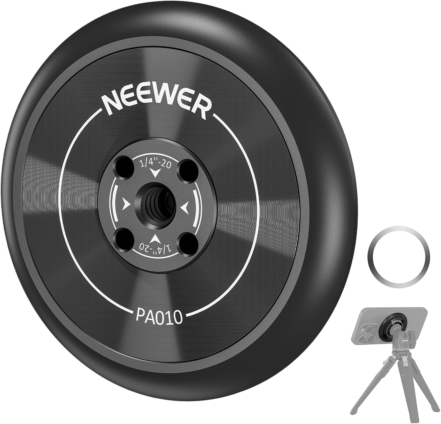 Detalle de NEEWER Magnetische Handy Stativhalterung Adapter PA010 mit Selbstklebendem Magnetring – kompatibel mit MagSafe iPhone 15 Pro Max bis 12, 1/4" Gewinde