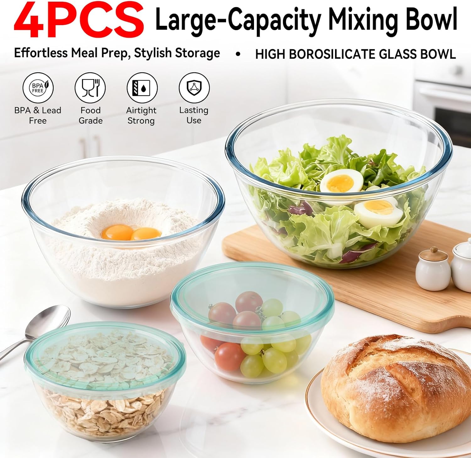 Detalle de YUANYE 5 Pack Glass Mixing Bowls with Lids Set (5/2.5/1.5/0.9/0.6QT) with Nesting Design