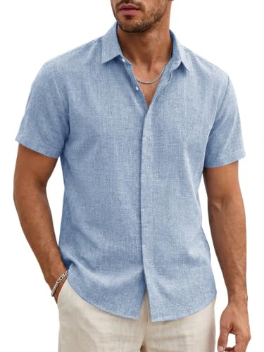 Detalle de Runcati Herren Leinenhemd Kurzarm Blau – Business Sommerhemd in Größe L