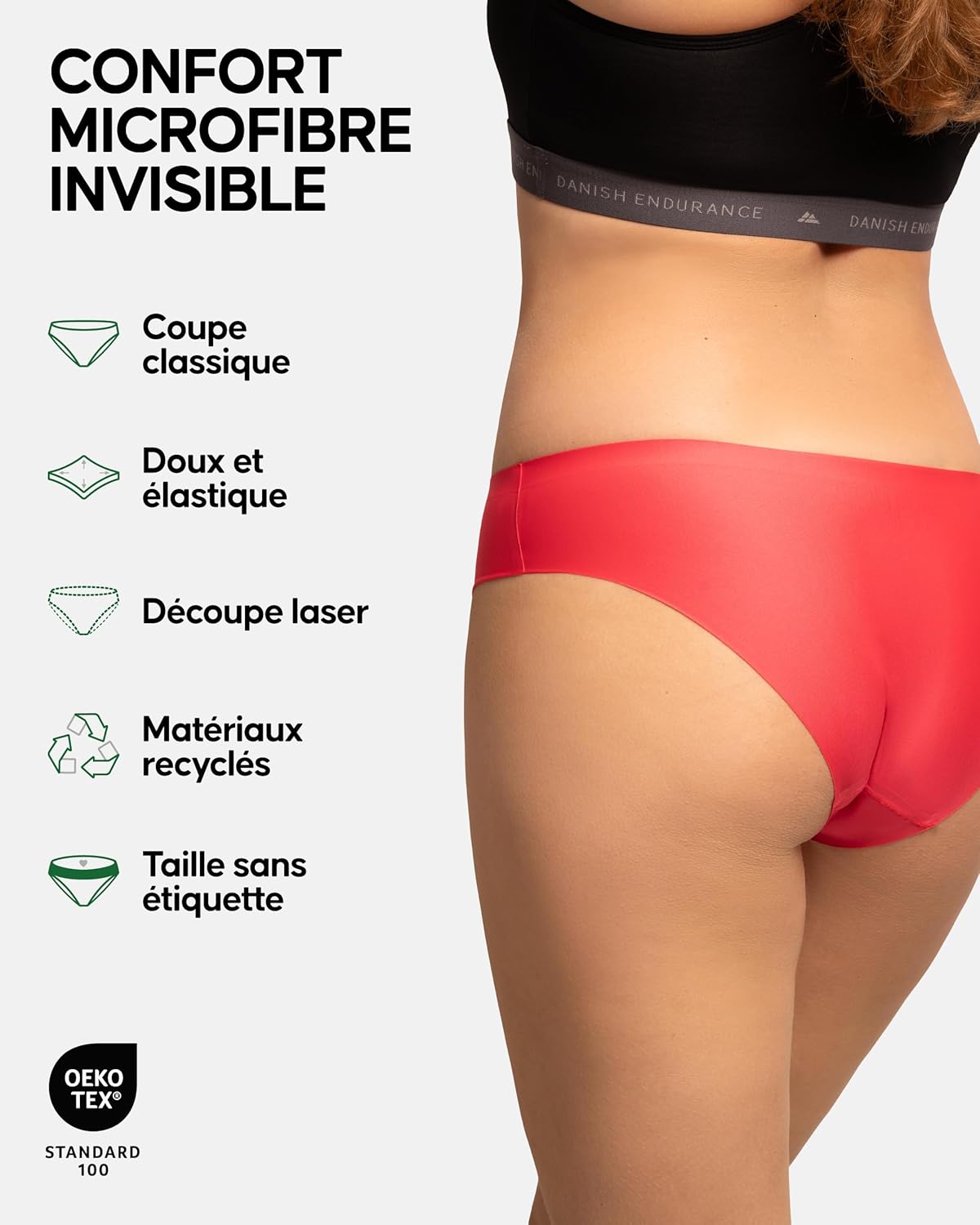 Detalle 2 de DANISH ENDURANCE Culottes Bikini Invisibles pour Femme – Lot de 6 en microfibre recyclée