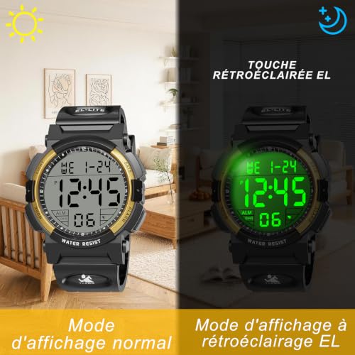 Thumbnail 2 de Juboos montre numérique pour homme, LED, chronomètre au 1/100 s, 3 ATM