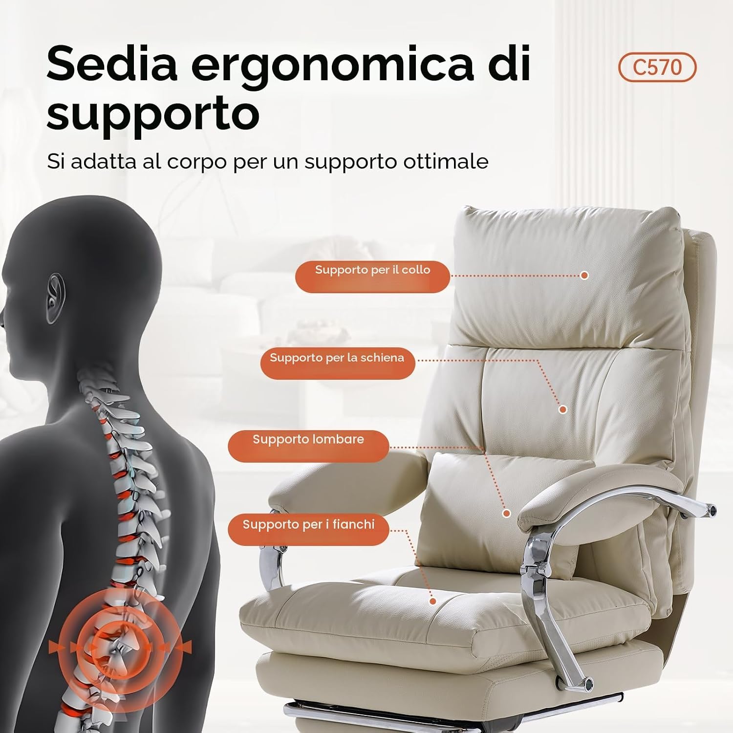 Thumbnail 3 de EMIAH Sedia da Ufficio Direzionale con Poggiapiedi: ergonomia e comfort premium (Beige)