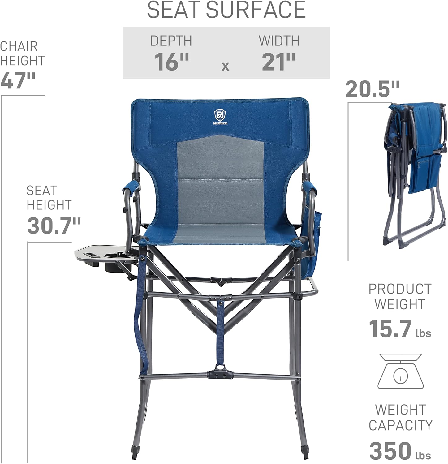 Thumbnail 6 de EVER ADVANCED EA-DC-1026T Tall Camping Chair with 30.7-Inch Seat and Side Table