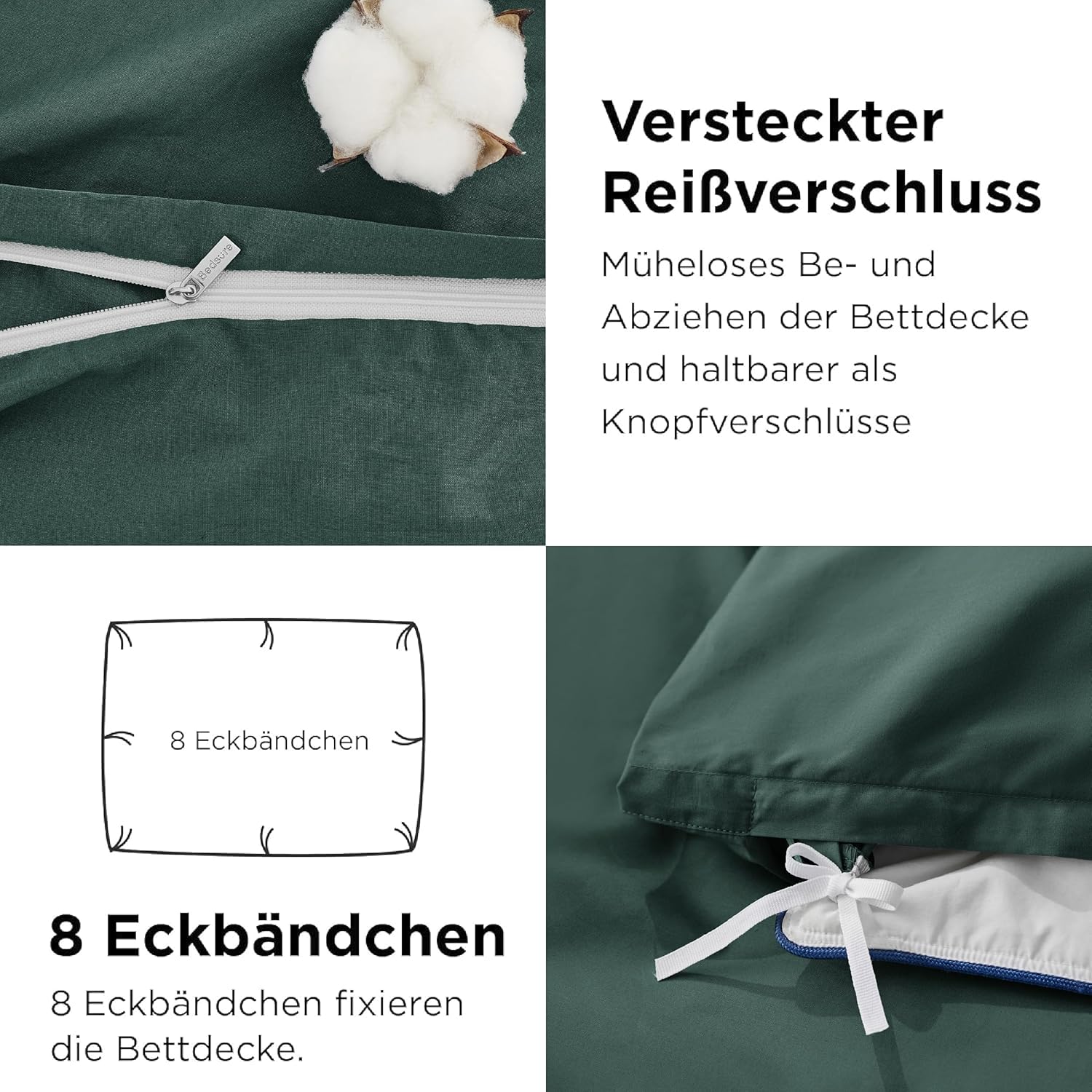 Thumbnail 3 de BEDSURE Bettwäsche-Set 220x240 cm aus Baumwolle in Dunkelgrün (3-teilig, mit Reißverschluss)