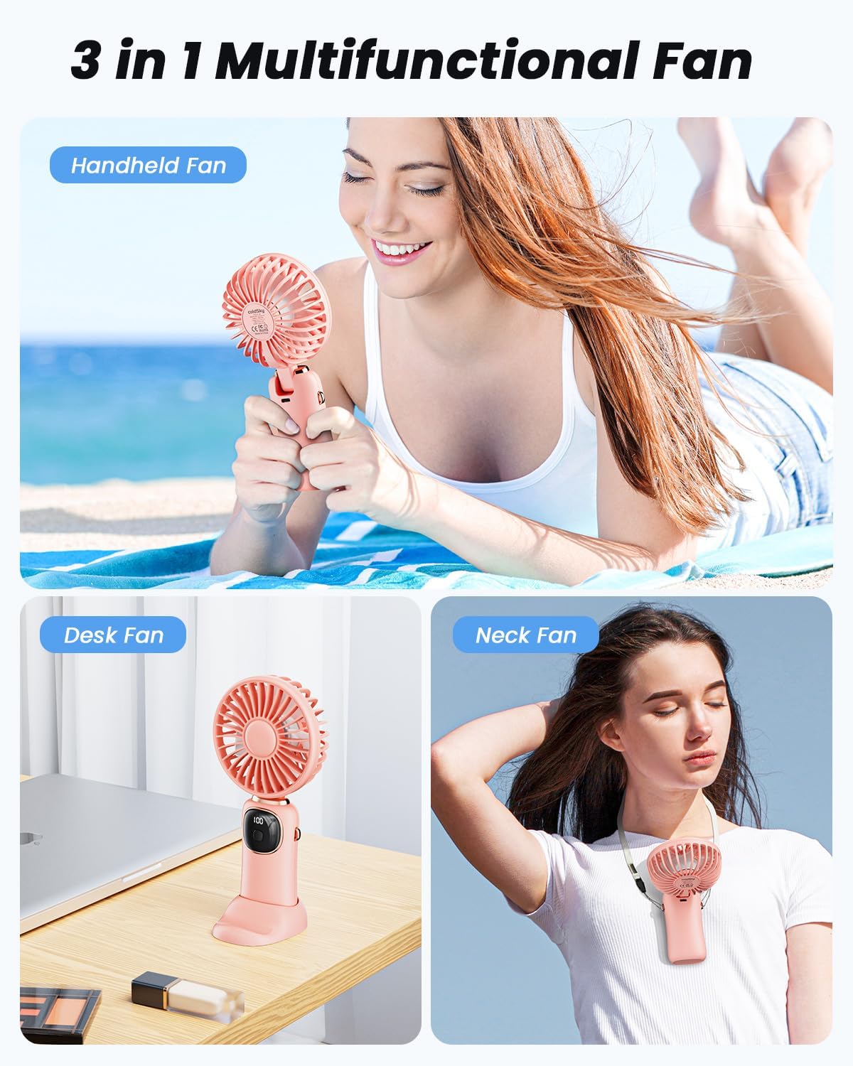 Thumbnail 1 de coldSky 3-in-1 Portable Fan with 4000mAh Battery and LED Display (Pink)