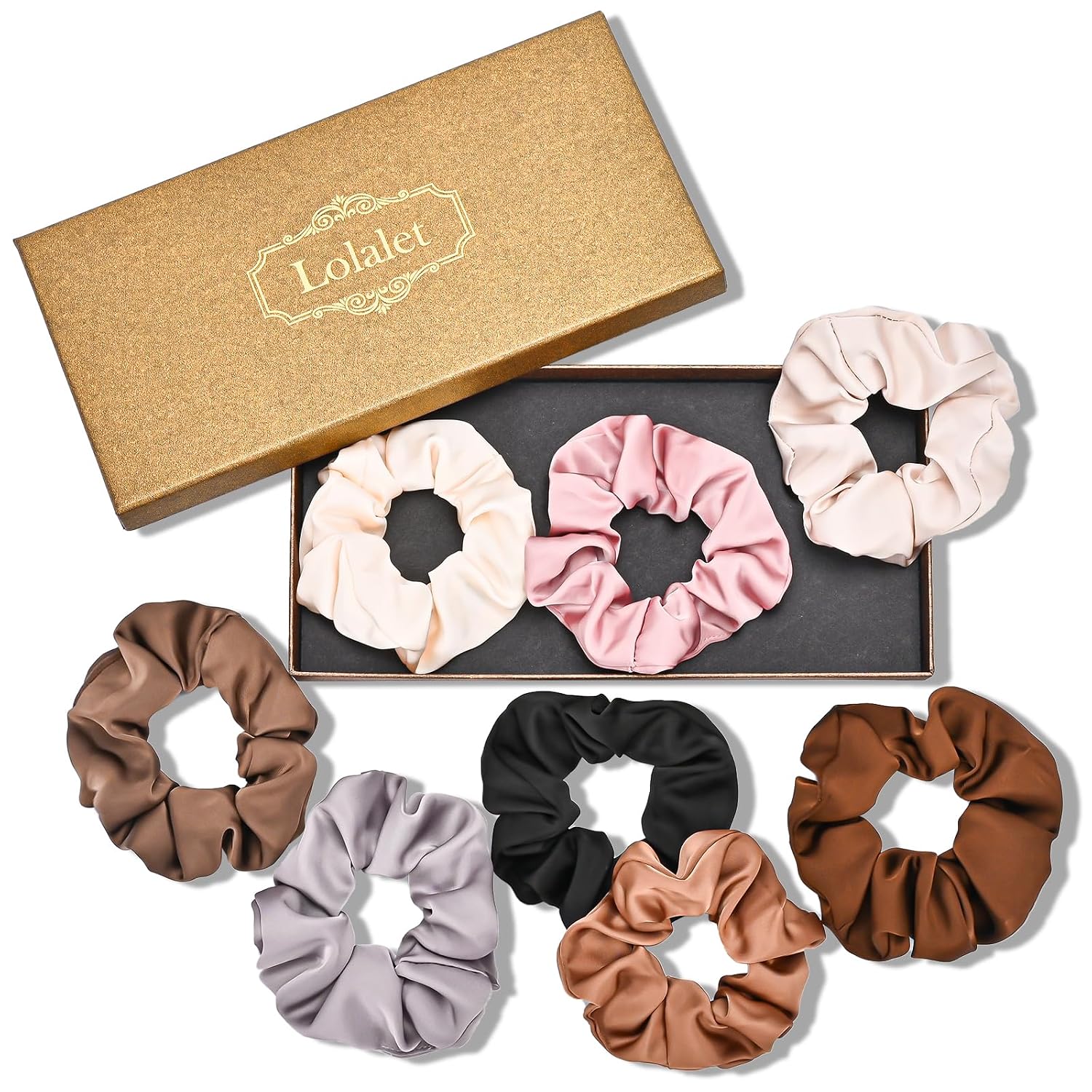 Detalle de Lolalet (8 Stück) Seiden-Scrunchies Haargummis im Satin-Look – 8 Farben für Damen & Mädchen