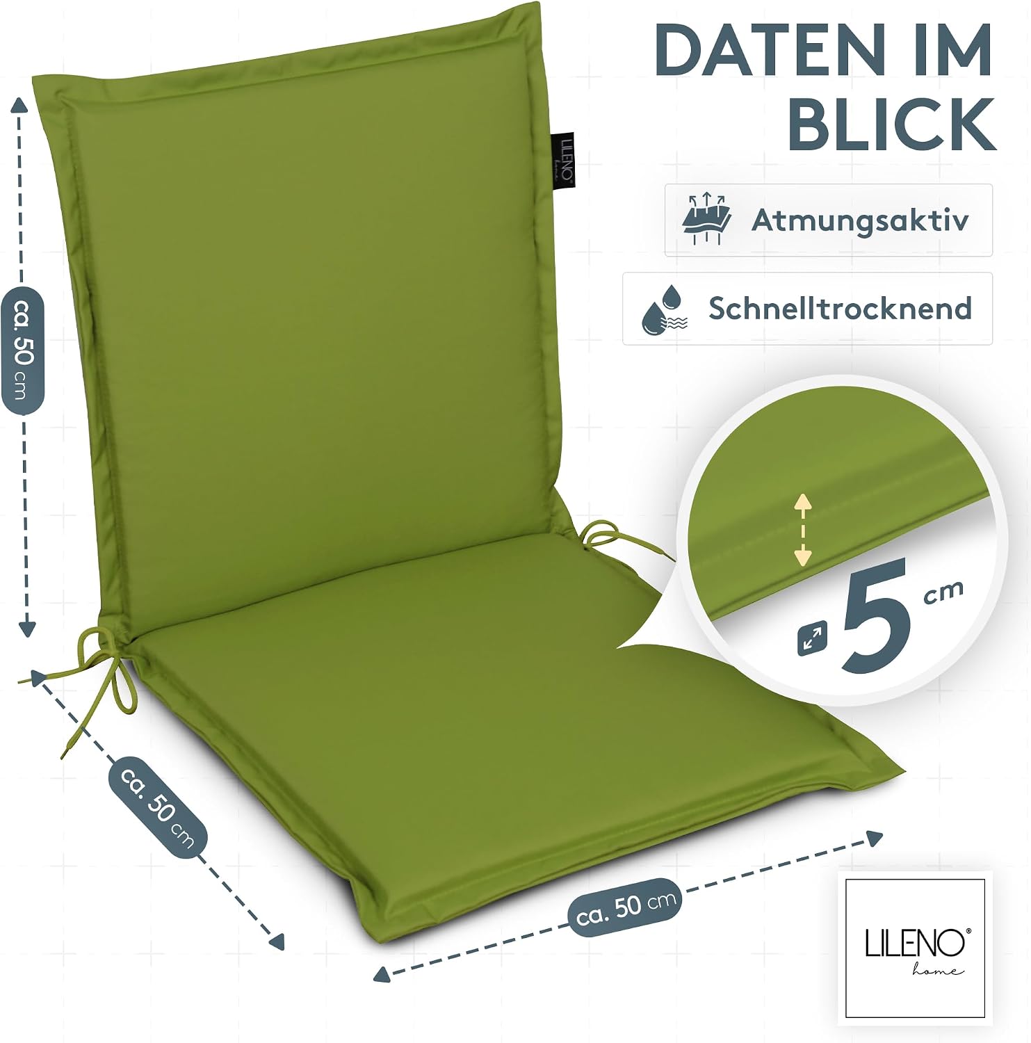 Detalle 2 de LILENO HOME Gartenstuhl Auflagen im 4er-Set (Niedriglehner) in Apfelgrün – Stuhlkissen für MIA Gartenstühle