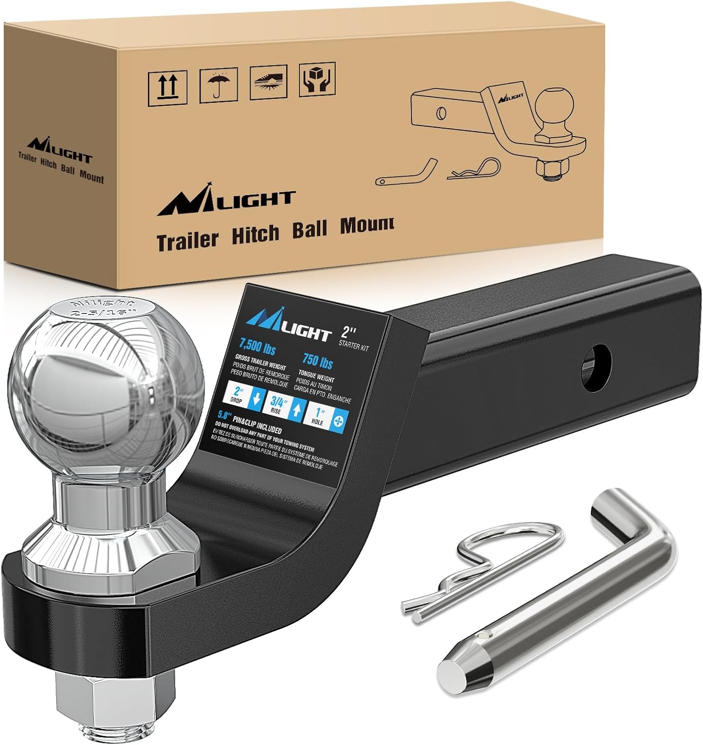 Detalle de Nilight Trailer Hitch Ball Mount with 2-5/16-Inch Trailer Ball, 2-Inch Drop, 5/8-Inch Pin Clip (up to 7,500 lbs)