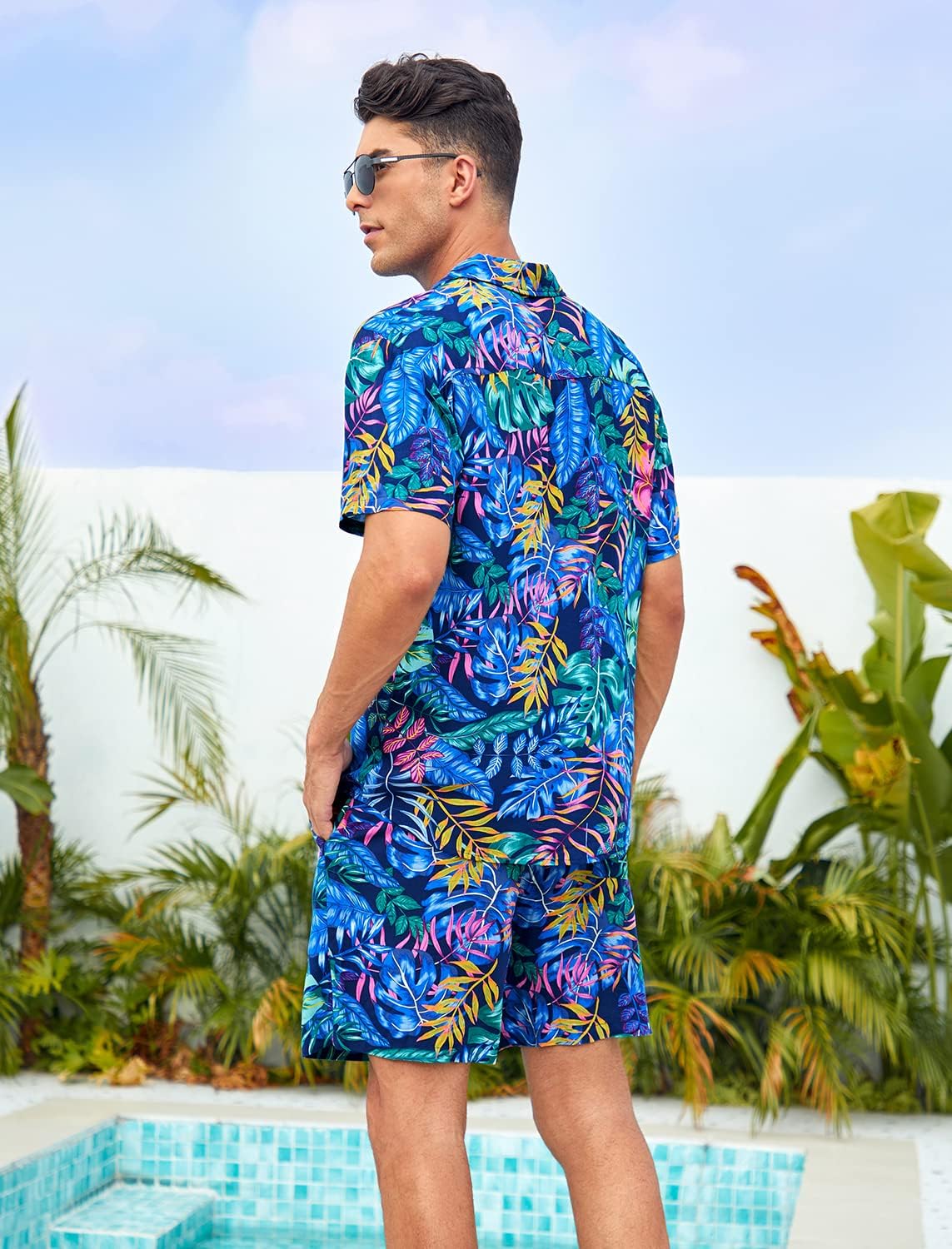 Detalle 2 de EISHOPEER Men’s Hawaiian Shirt and Shorts Set with Tropical Print and Bucket Hat
