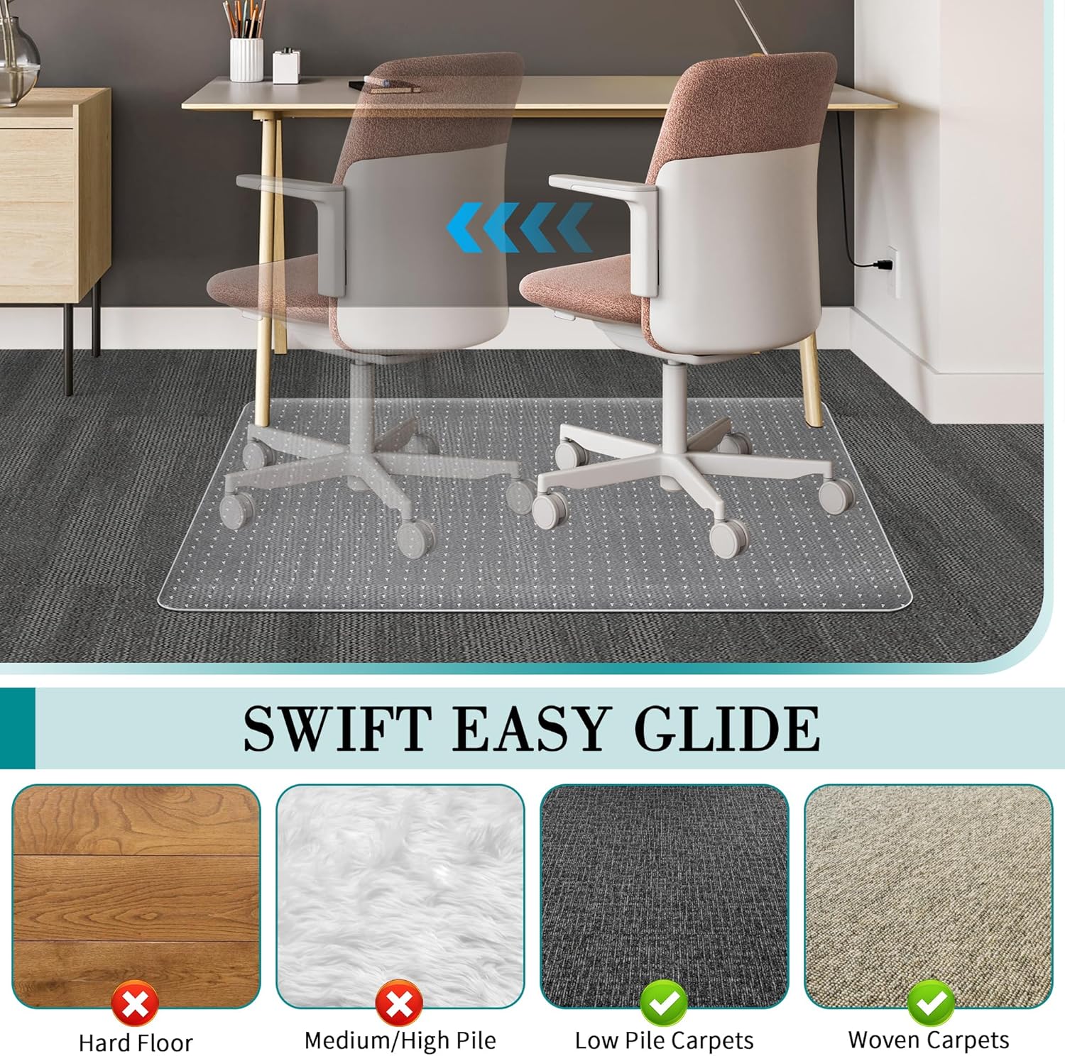 Thumbnail 4 de BesWin Office Chair Mat for Carpet (76.2 x 122cm) – Transparent Non-Slip PVC Protector for Low Pile Carpets