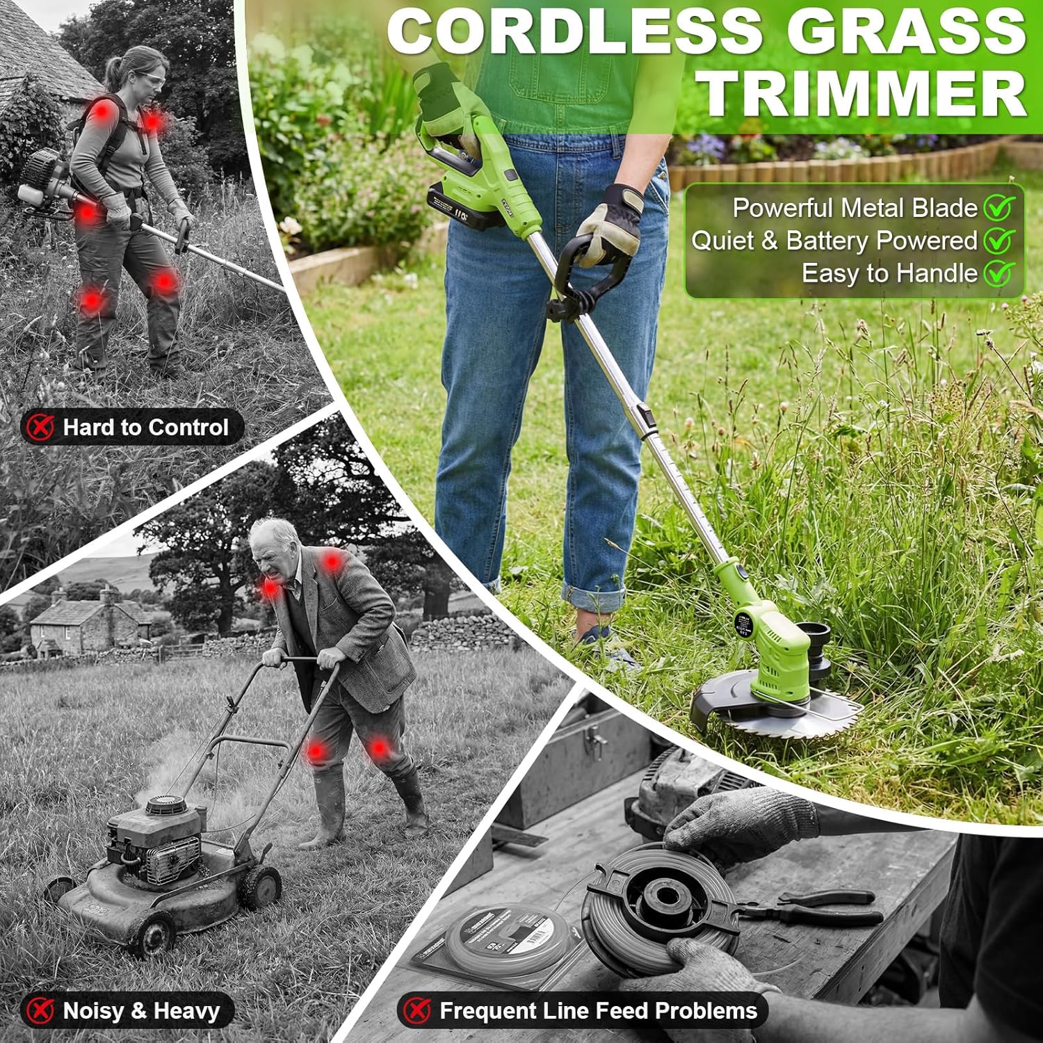 Thumbnail 2 de VOERJIA Cordless Strimmer Lightweight 750W with LCD Battery Display – 2 x 2.0Ah Battery Pack & 14-Piece Garden Kit