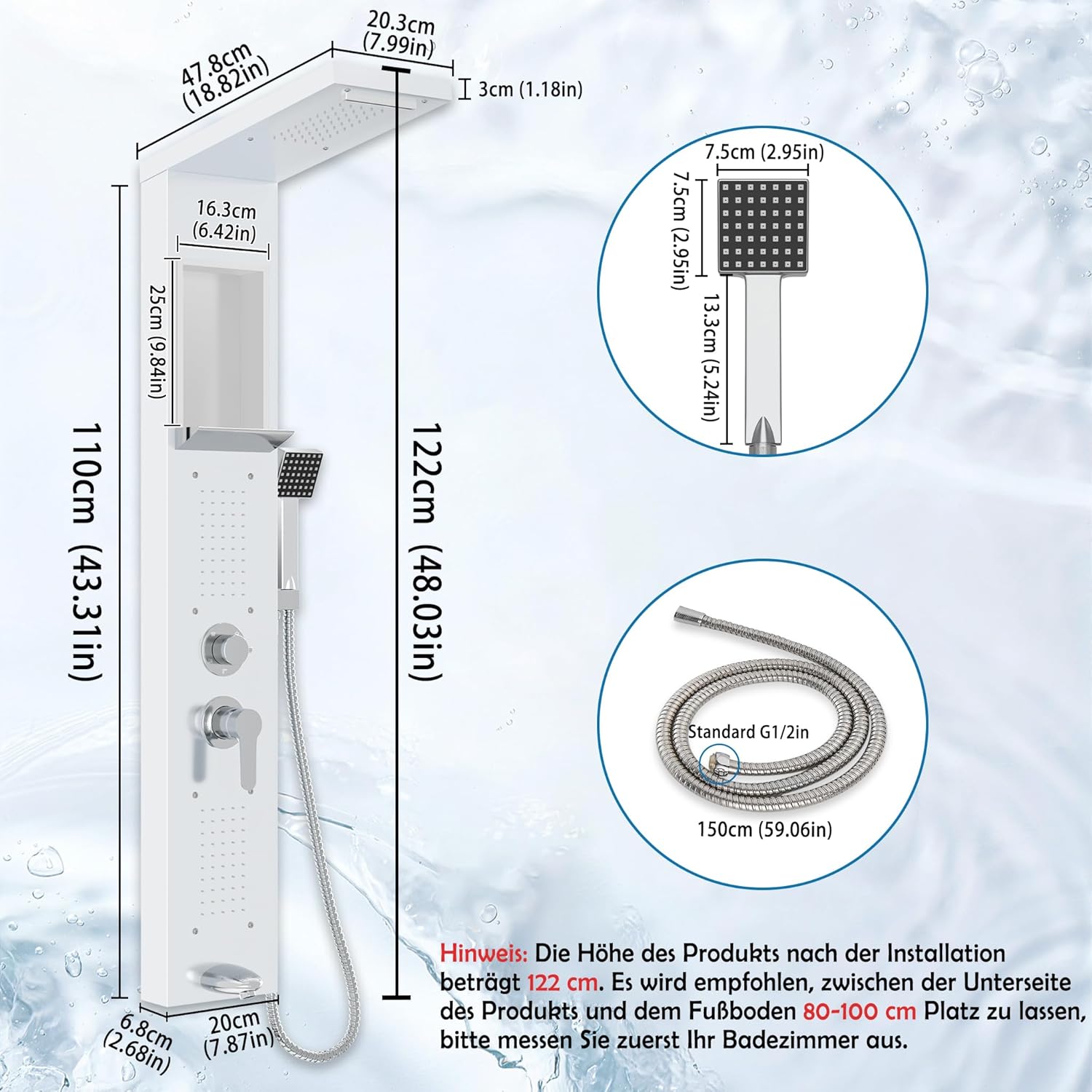 Thumbnail 1 de Froadp Kit Doccia a Pioggia in Acciaio Inox, 5 Funzioni, Montaggio a Parete – Set Doccia Completo (Bianco)