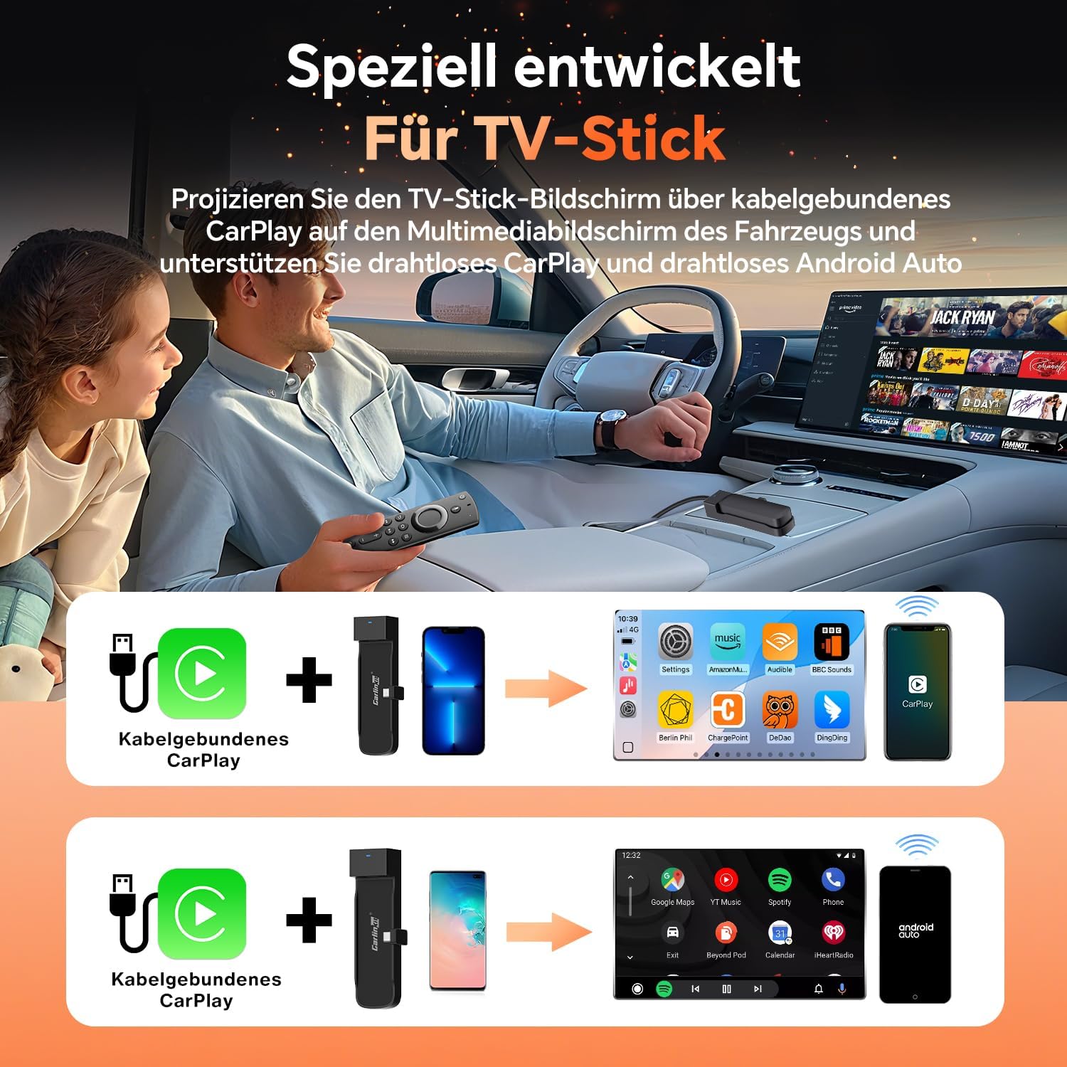 Detalle de Carlinkit FireDrive Link Pro – TV-Stick-zu-CarPlay-Adapter für kabelgebundenes & drahtloses CarPlay/Android Auto, inkl. Beibehaltung der Originalbedienung