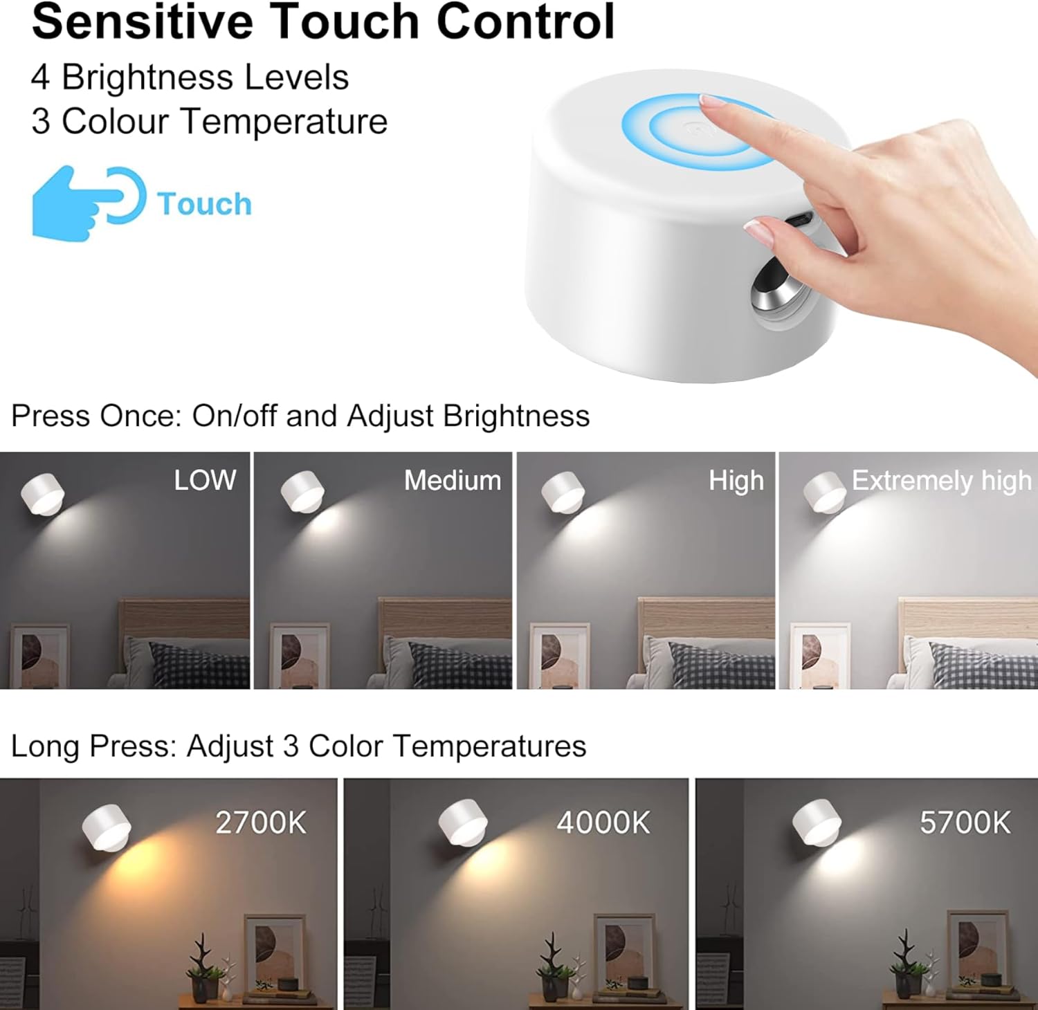 Thumbnail 2 de led wandleuchte innen 2 Stück,wandlampe Wandlichter ohne stromanschluss ,4 Helligkeitsstufen 3 Farbmodi Nachttischlampe akku , 360° Drehbare Touch Control Leuchten Für Kinder Wohnzimmer Schlafzimmer