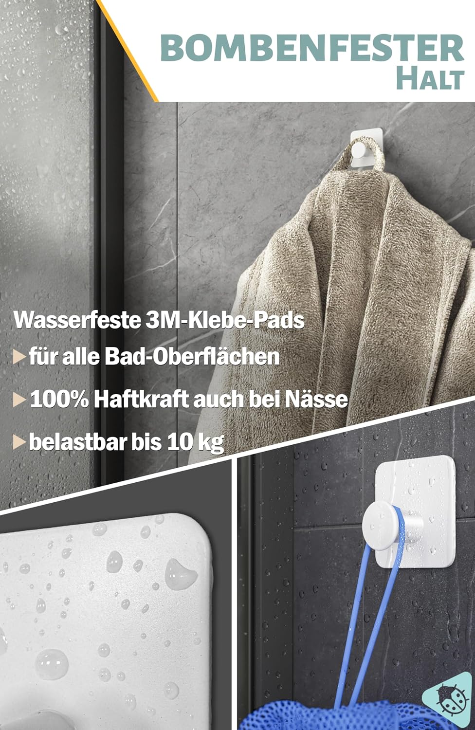 Thumbnail 2 de Menz Handtuchhalter ohne Bohren – 5er-Set selbstklebende Edelstahlhaken für Bad & Dusche