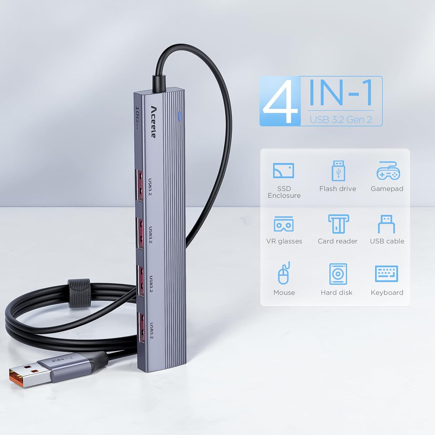 Detalle de Aceele USB Hub 3.2 Gen 2 Splitter mit 4 USB-A-Anschlüssen, 1,2 m Kabel – kompatibel zu Laptop, PC, Xbox und Mac