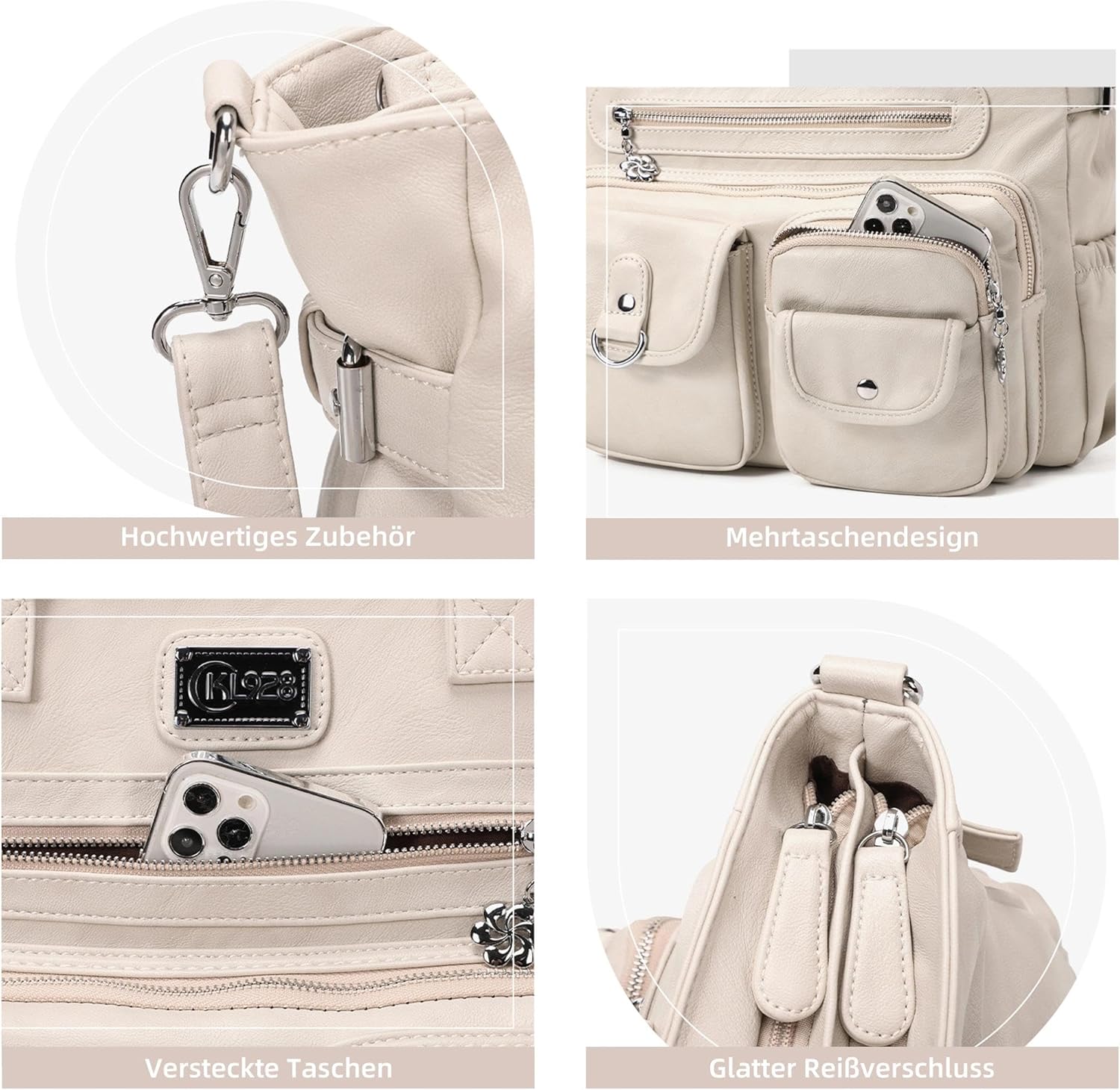 Thumbnail 4 de KL928 Handtasche Damen Umhängetasche Schultertasche mit vielen Fächern (KL928), Hellgrau Beige Cream