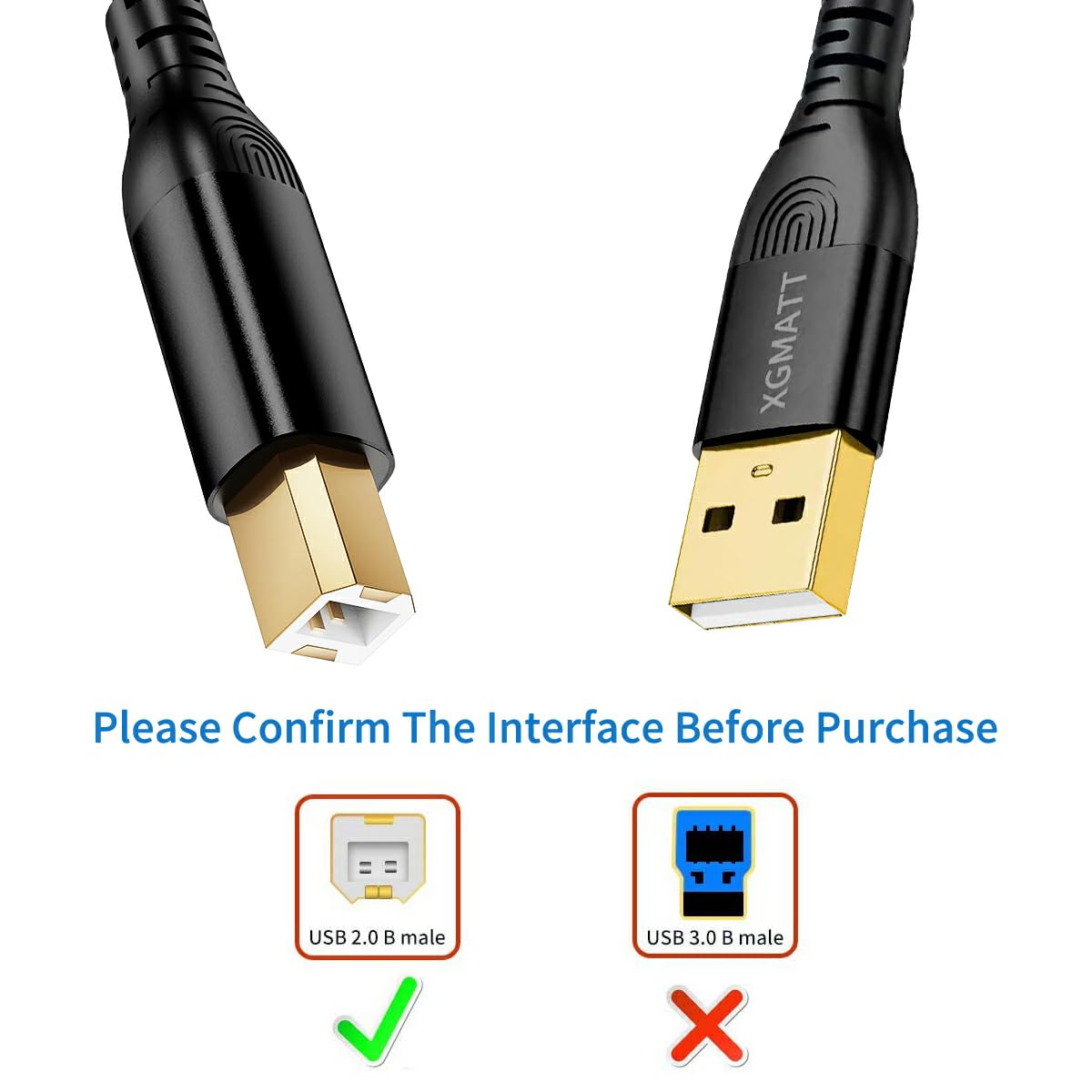 Thumbnail 2 de XGMATT USB-Druckerkabel 2 m (USB 2.0 Typ B) schwarz – für kompatible Drucker von HP, Canon, Epson & Co.