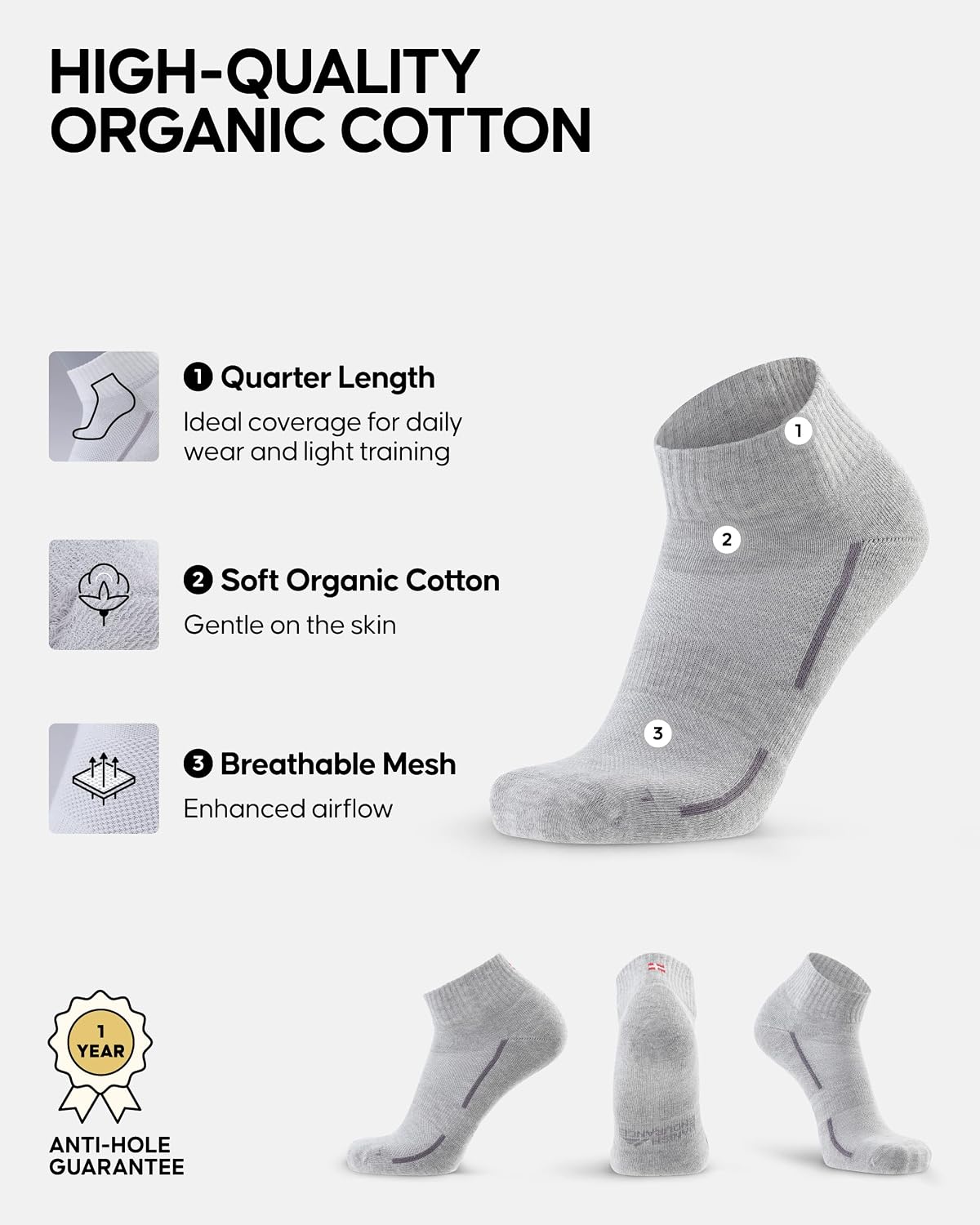 Thumbnail 2 de DANISH ENDURANCE Organic Cotton Athletic Quarter Socks – Unisex, Anti‑Blister Cushioned & Breathable