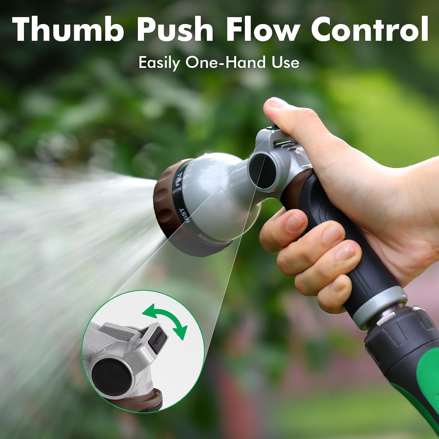 Detalle de RESTMO O-HN-2T-BN Metal Garden Hose Nozzle, 7 Spray Patterns, Thumb Control