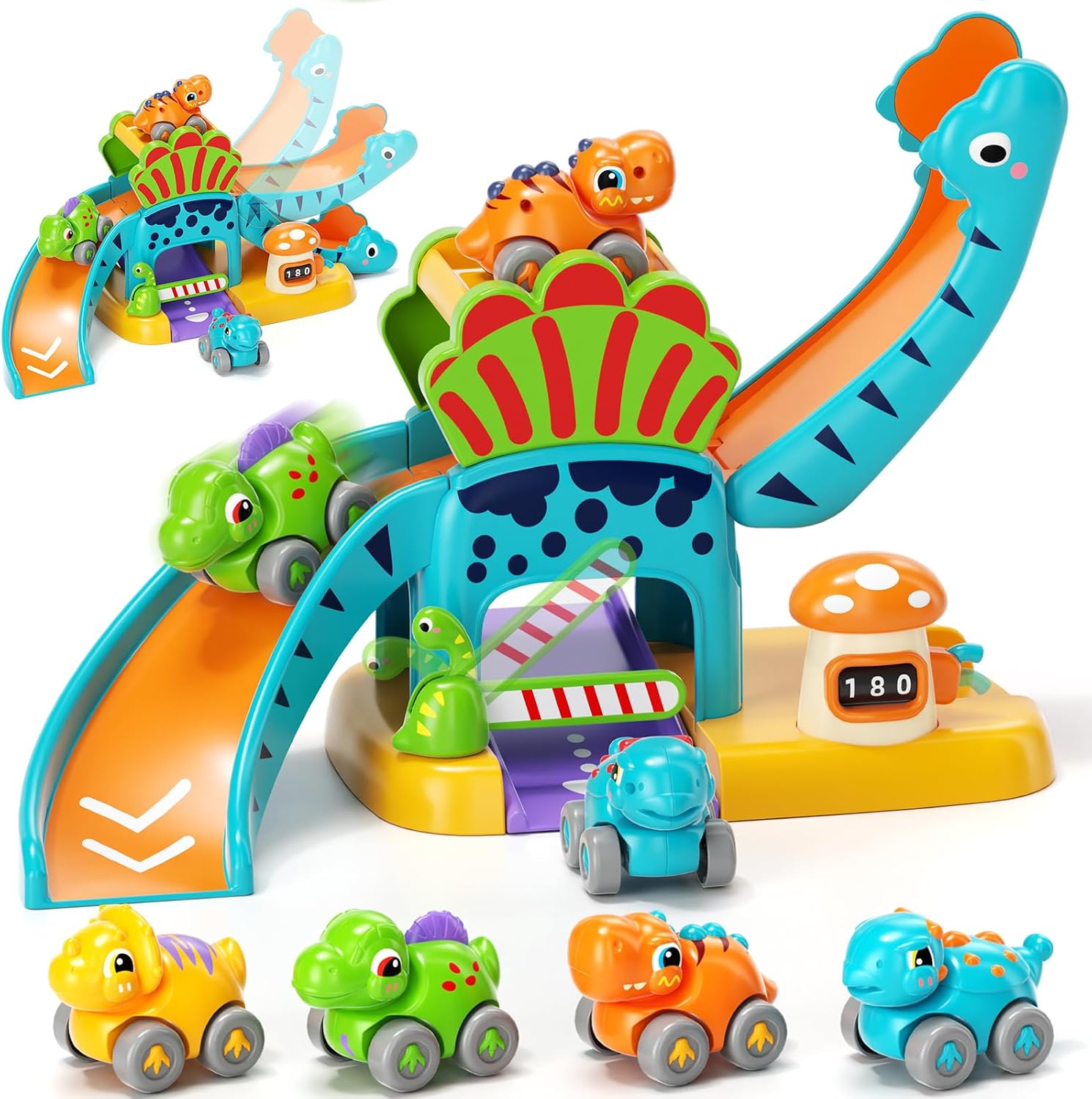 Detalle de Lehoo Castle Dinosaur Toys: toddler learning slide with 4 mini push cars (for 12–18 months)