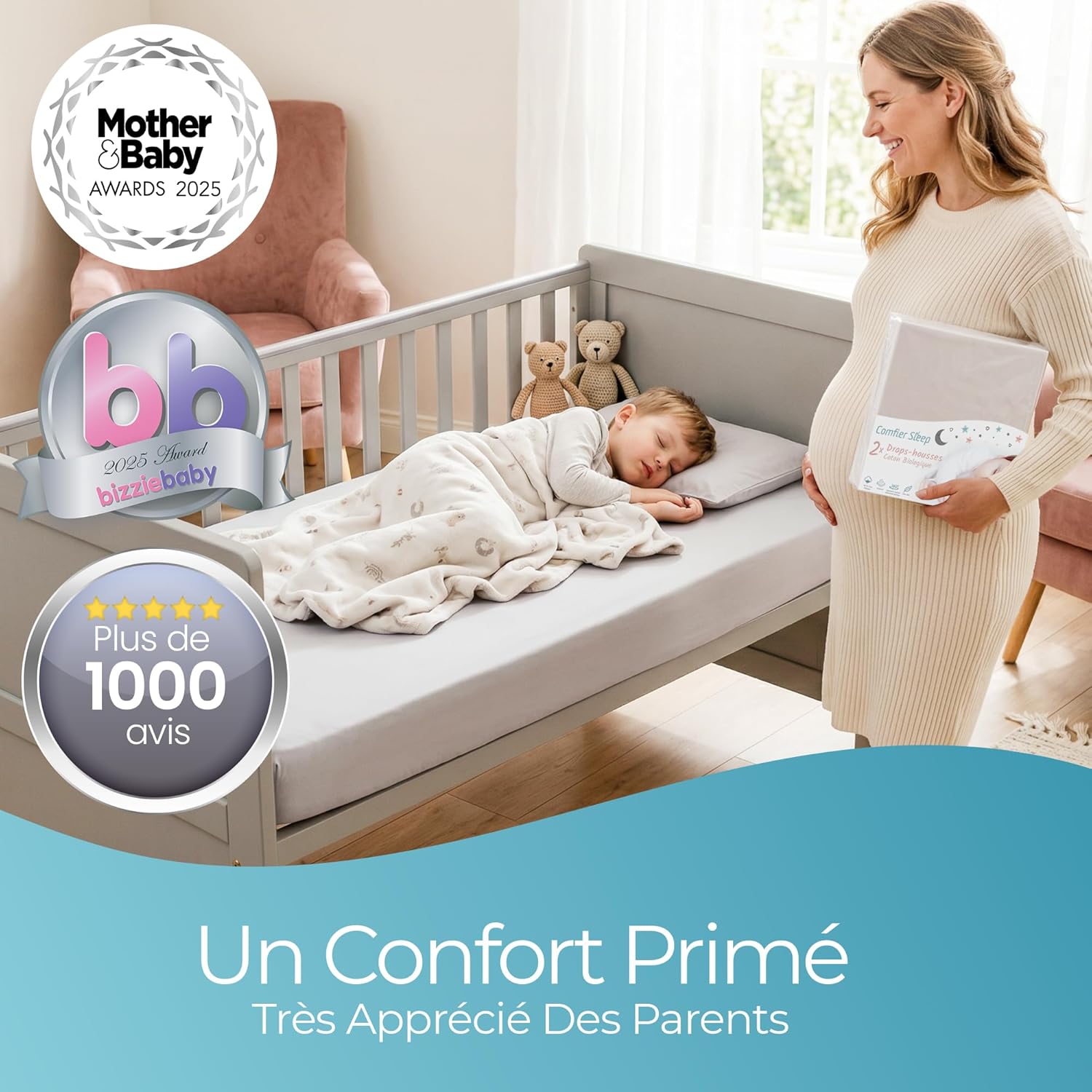 Thumbnail 3 de Lenzuola Lettino Neonato 60x120 cm con Angoli | Set di 2 in Cotone Biologico Grigio
