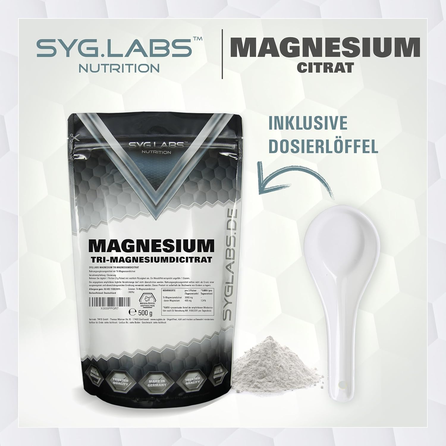 Detalle 2 de Syglabs Magnesium Citrat Pulver (Trimagnesiumdicitrat), 500 g – vegan und ohne Füll- oder Zusatzstoffe