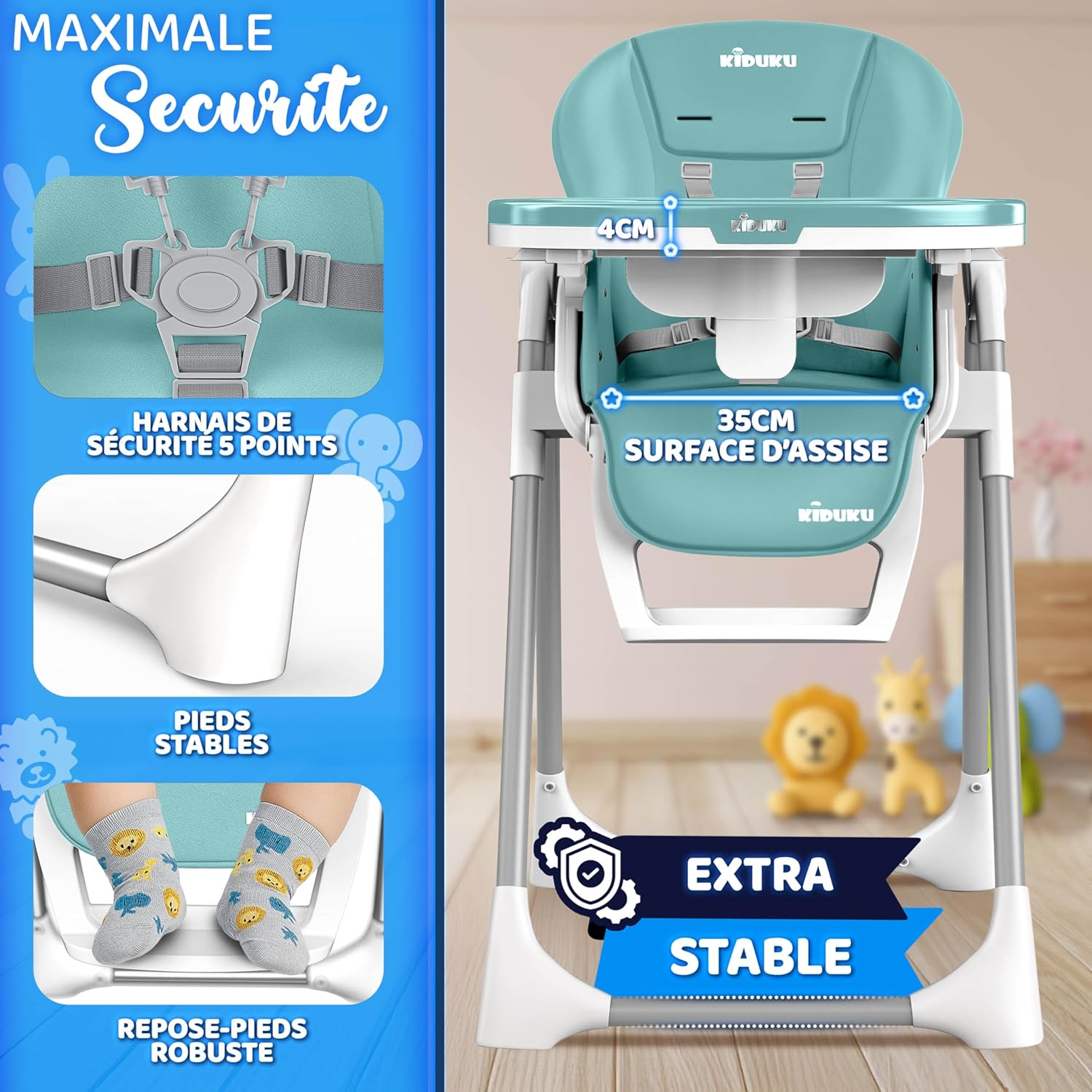 Thumbnail 4 de KIDUKU Chaise haute bébé 3-en-1 turquoise avec réducteur nouveau-né et arche de jeu