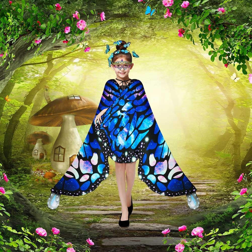 Detalle de AUYAO Costume da Farfalla per Bambini – Mantello con Ali, Maschera, Fascia e Adesivi (4 pezzi)