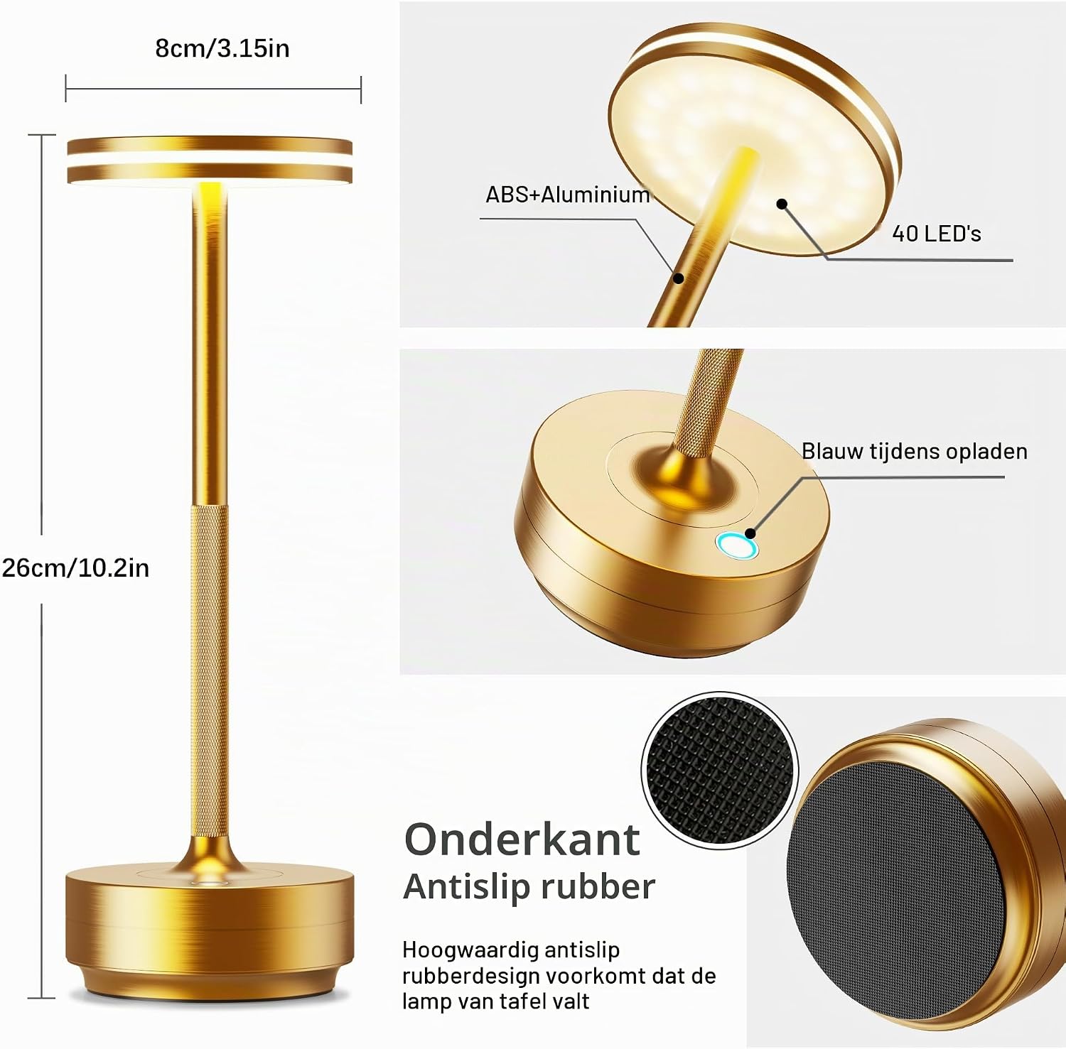 Detalle 2 de Hapfish oplaadbare LED-tafellamp 5000 mAh, goud, dimbaar met 3 lichtkleuren