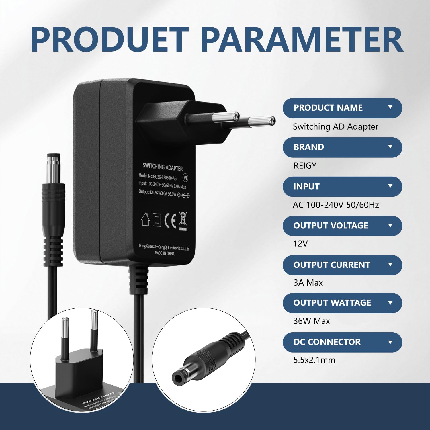 Thumbnail 1 de REIGY Adattatore di alimentazione 12V 3A (36W) per NVR, DVR, LED e dispositivi DC 5,5x2,1 mm, cavo 1,5 m