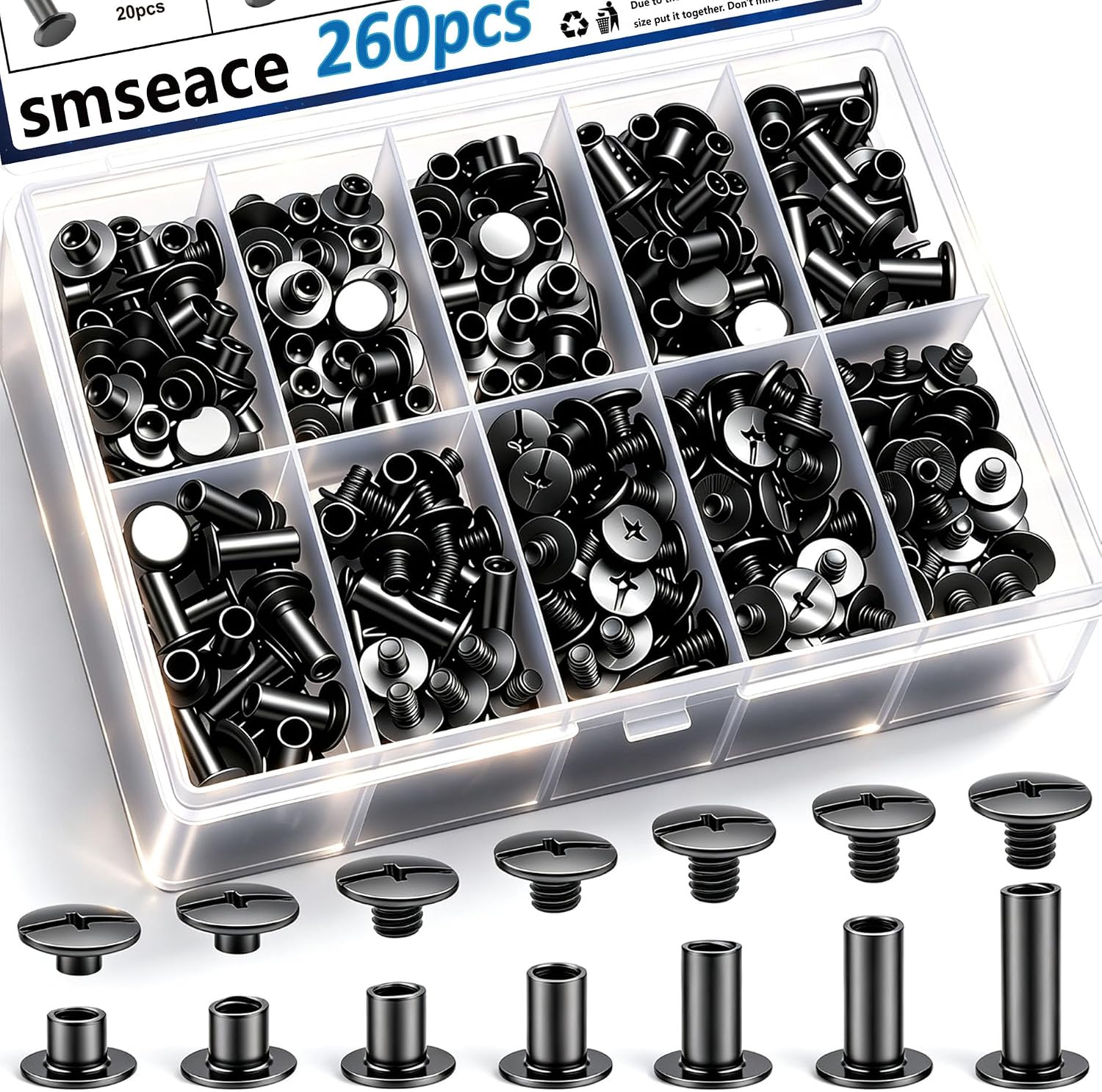 Detalle de smseace 260-Piece Black Chicago Screw Kit, 7 M5 Lengths, Carbon Steel