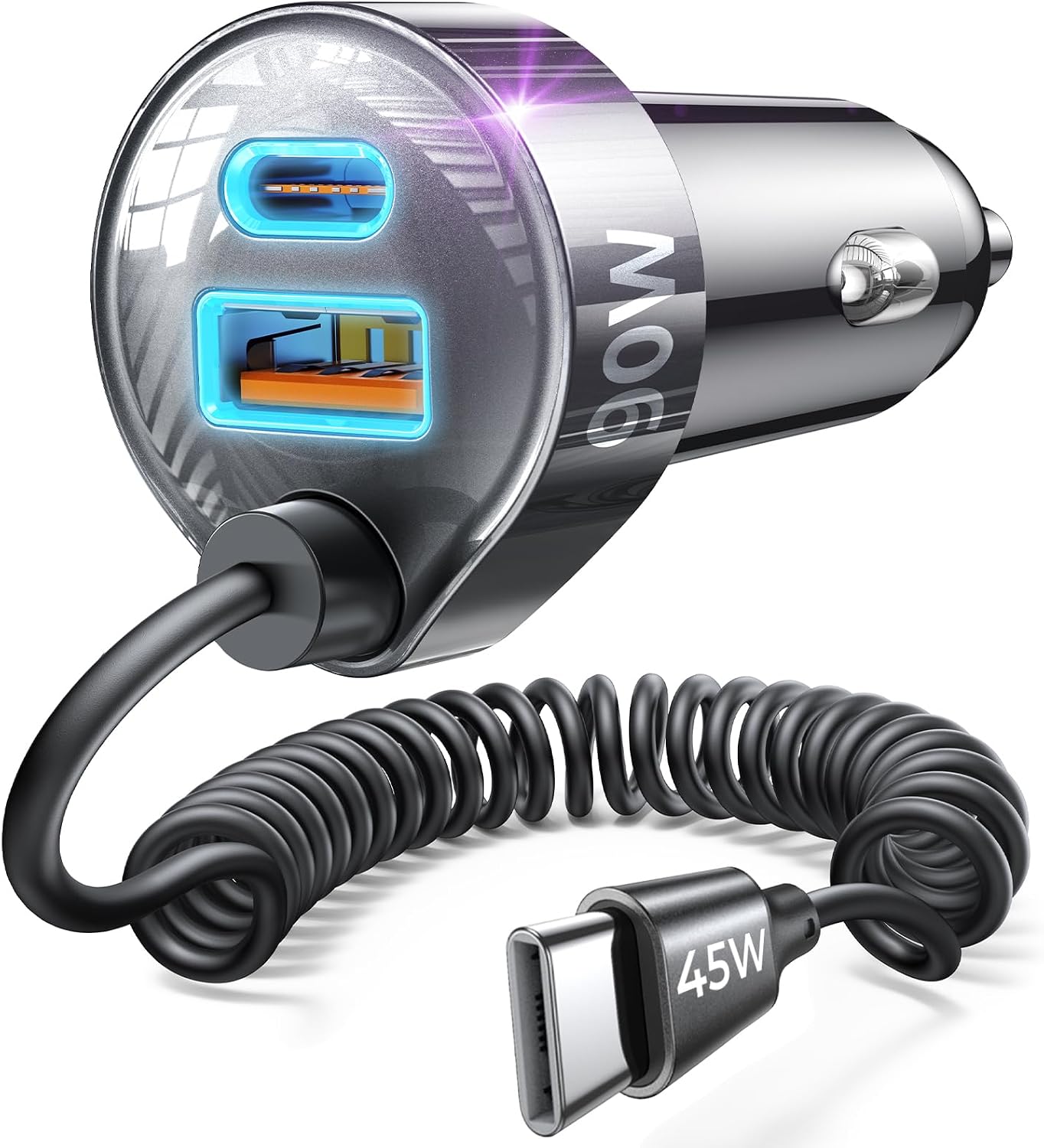 Detalle de LISEN 90W USB-C Car Charger for iPhone & Android with 30W USB-C Cable (Spiral Cord)